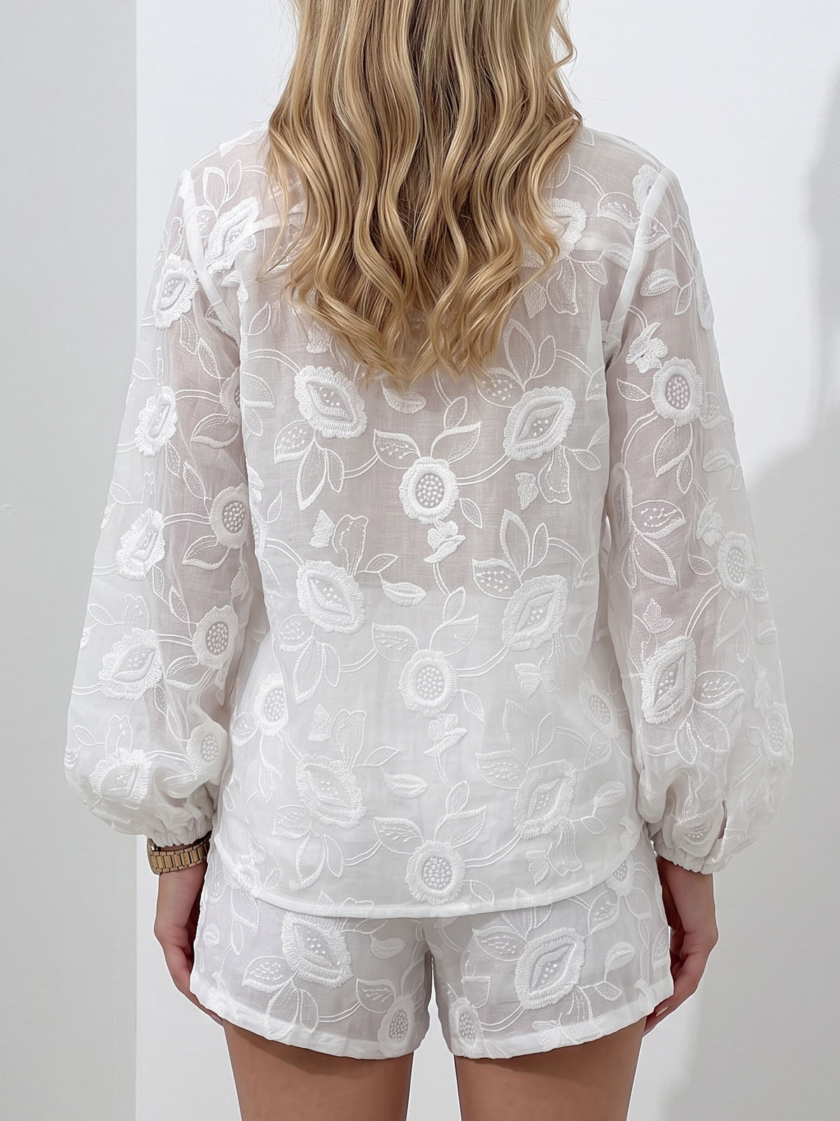 Resort Embroidered Floral Bishop Sleeve Blouse Two Piece Short Set