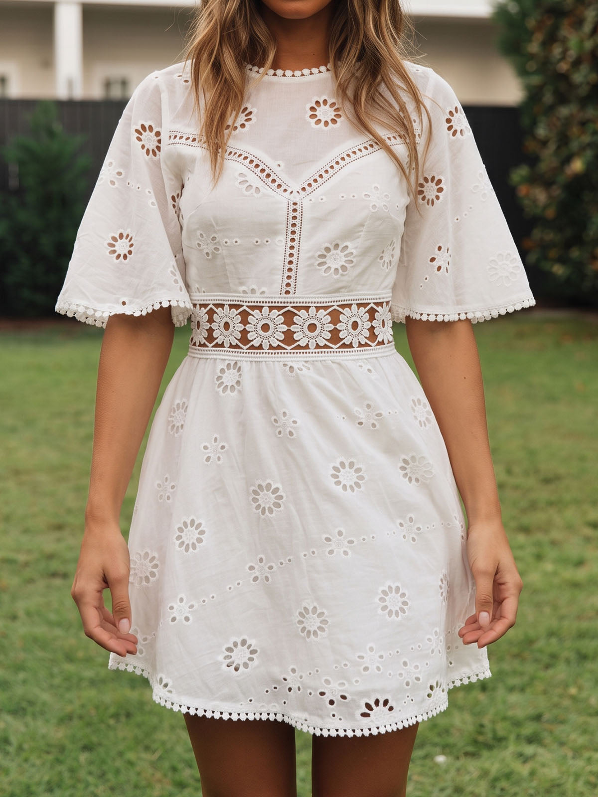Resort Flutter Sleeve Cutout Back Fit & Flare Eyelet Floral Mini Dress