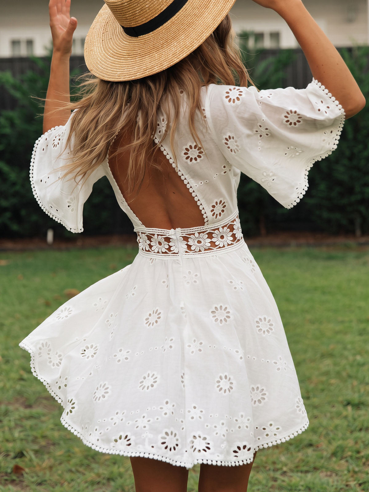 Resort Flutter Sleeve Cutout Back Fit & Flare Eyelet Floral Mini Dress