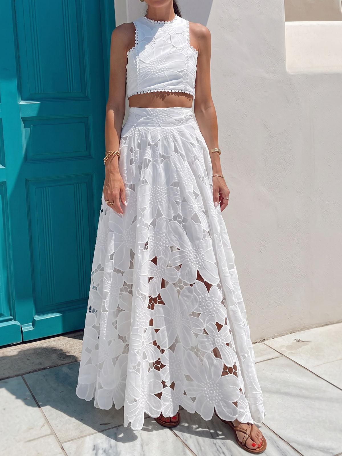 Resort High Neck Crop Tank Top Cutwork Lace Two Piece Maxi Skirt Set