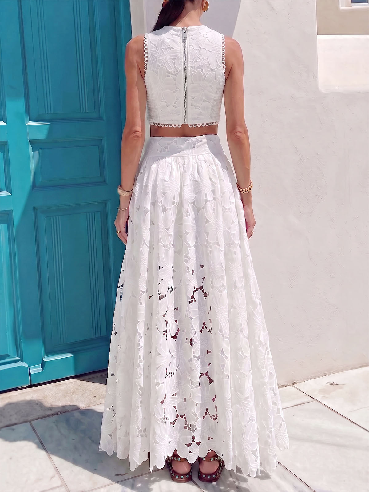 Resort High Neck Crop Tank Top Cutwork Lace Two Piece Maxi Skirt Set