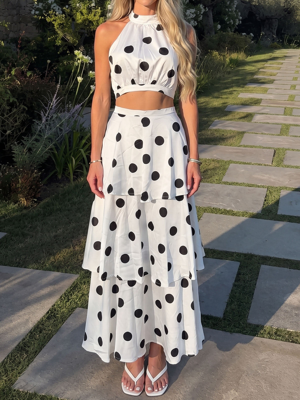 Resort Polka Dot High Neck Crop Two Piece Layered Ruffle Midi Skirt Set