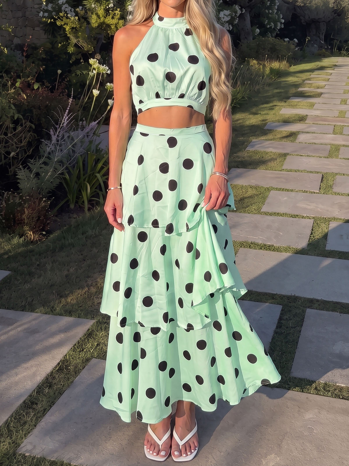 Resort Polka Dot High Neck Crop Two Piece Layered Ruffle Midi Skirt Set