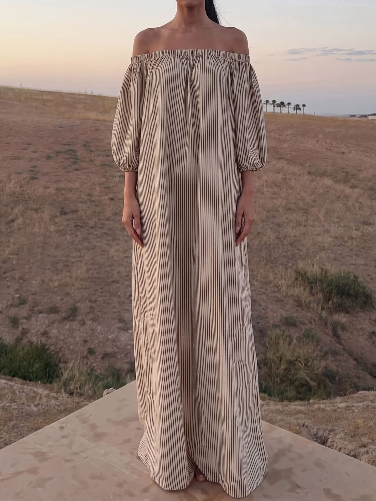 Retro Off Shoulder Puff Sleeve Oversized Lined Cotton Striped Maxi Dress