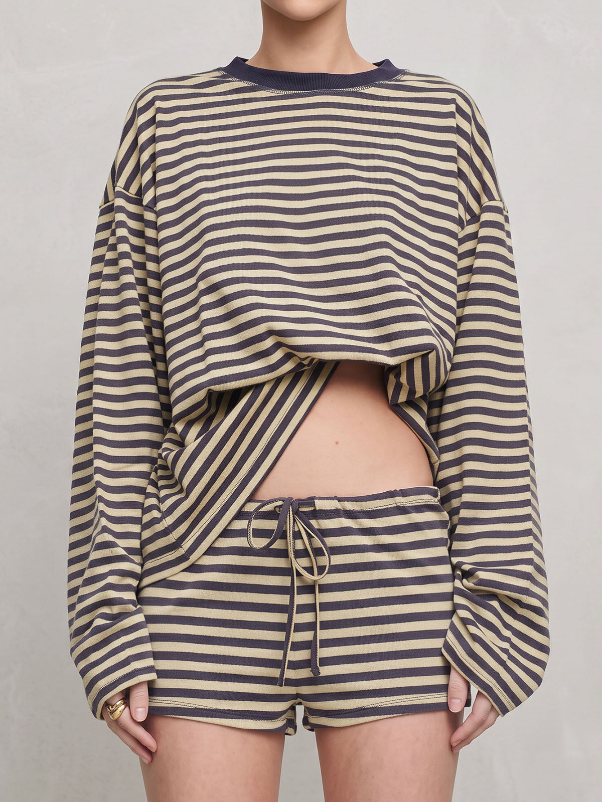 Retro Striped Oversized Long Sleeve Top Resort Two Piece Short Set
