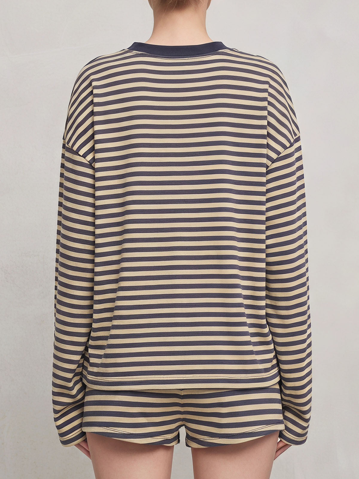 Retro Striped Oversized Long Sleeve Top Resort Two Piece Short Set