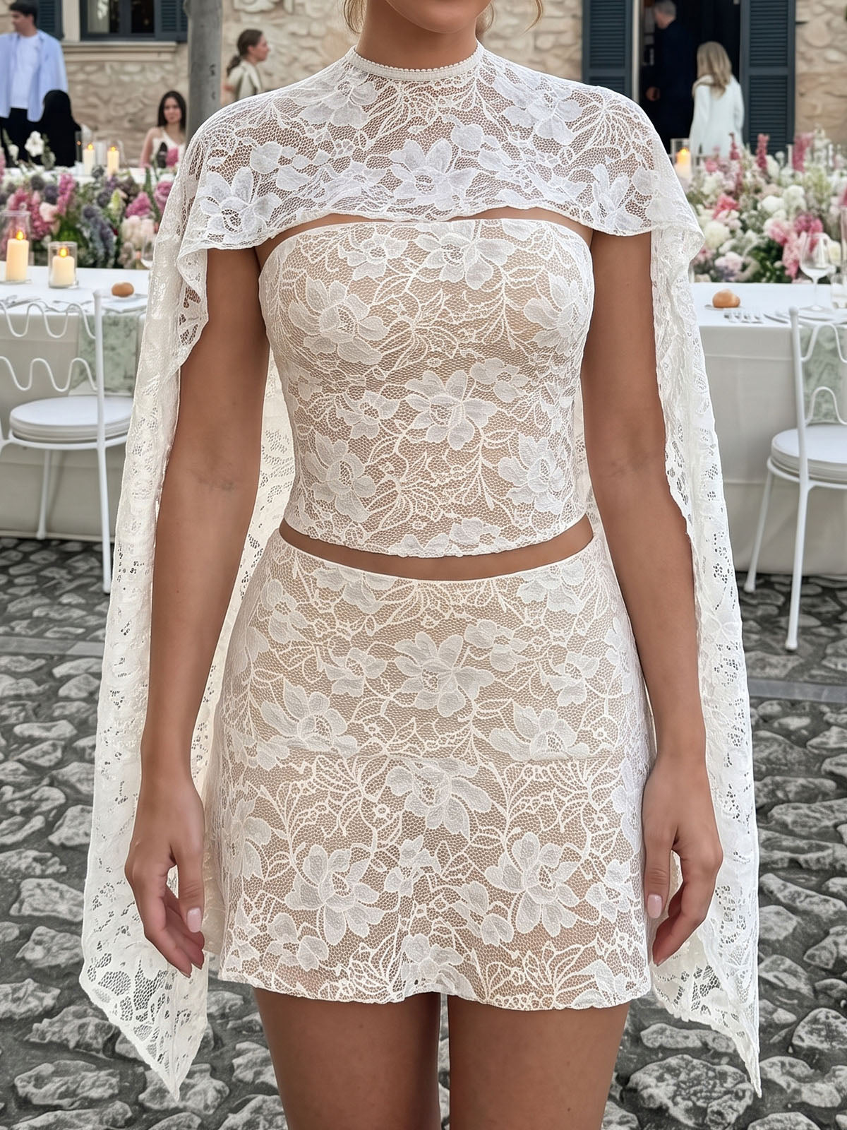 Romantic Cape Tube Top Floral Lace Resort Three Piece Mini Skirt Set