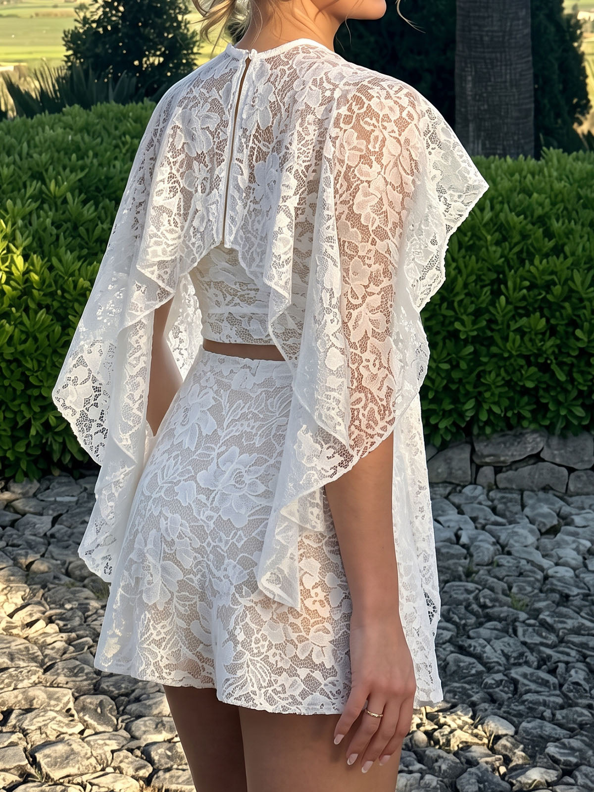 Romantic Cape Tube Top Floral Lace Resort Three Piece Mini Skirt Set
