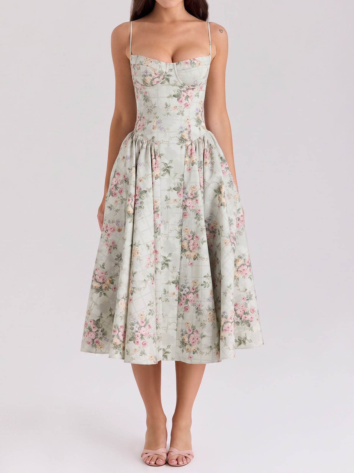 Romantic Floral Bustier Corset Ruched Drop Waist Resort Slip Midi Dress