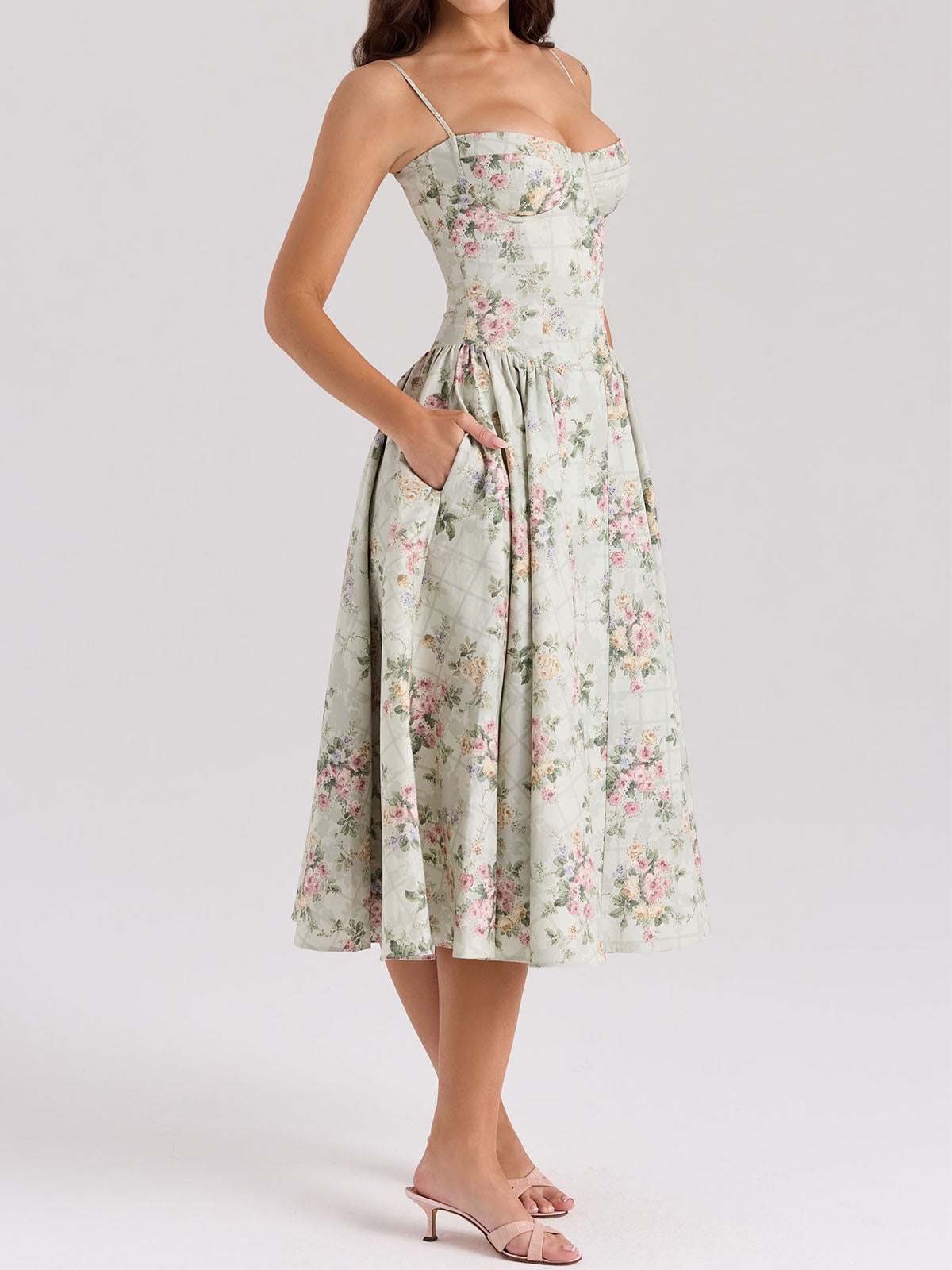 Romantic Floral Bustier Corset Ruched Drop Waist Resort Slip Midi Dress