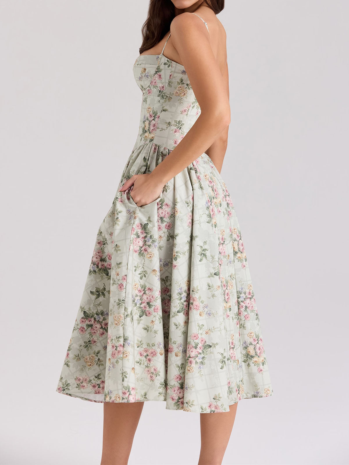 Romantic Floral Bustier Corset Ruched Drop Waist Resort Slip Midi Dress