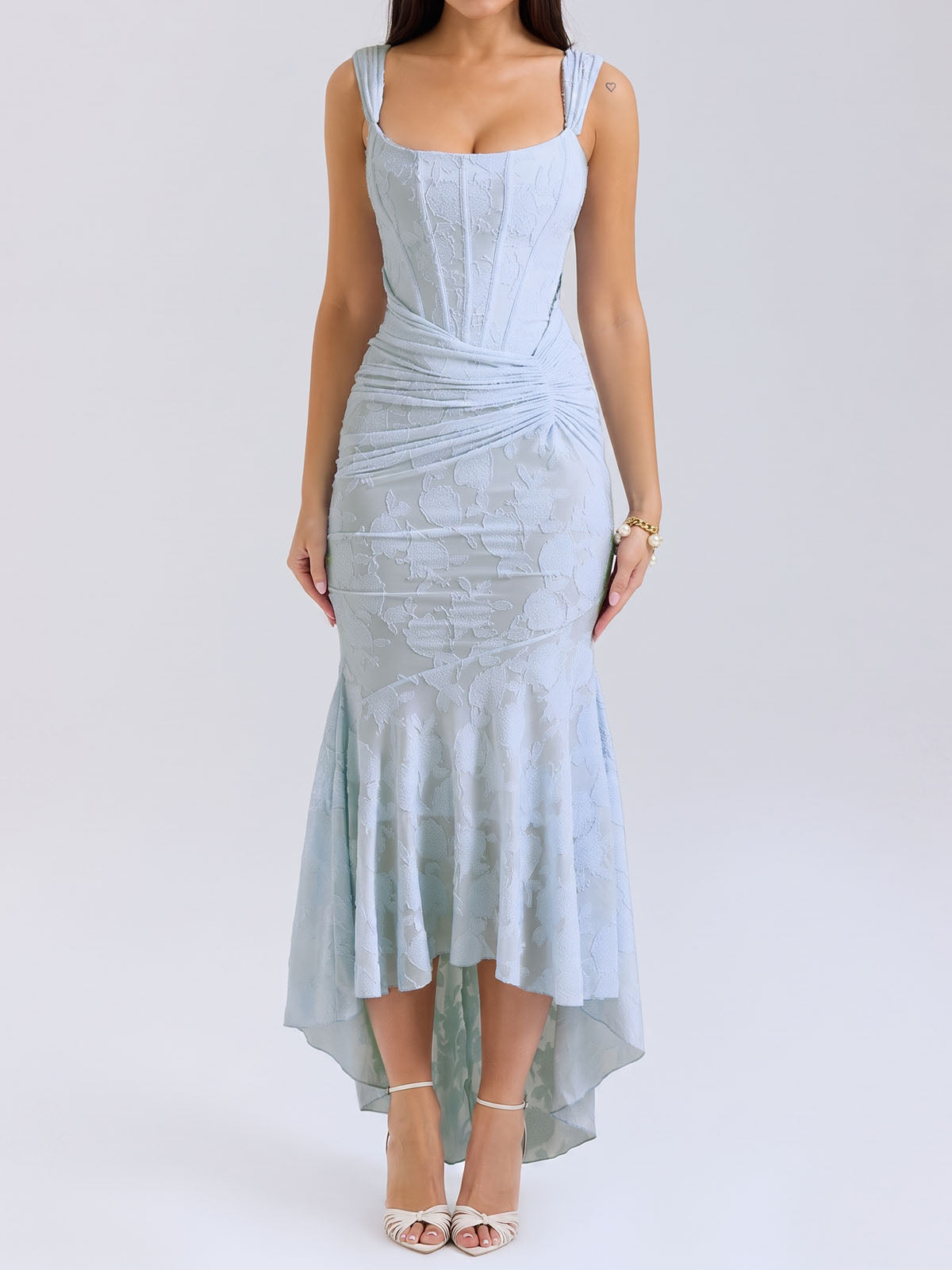 Romantic Floral Square Neck Ruched Corset Resort High Low Fishtail Dress
