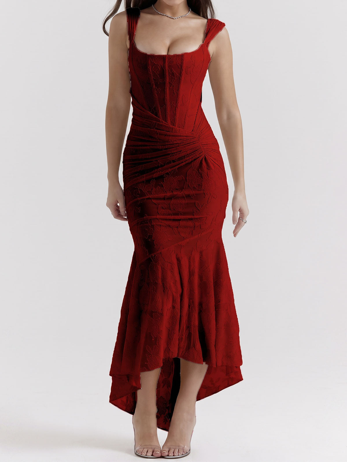 Romantic Floral Square Neck Ruched Corset Resort High Low Fishtail Dress