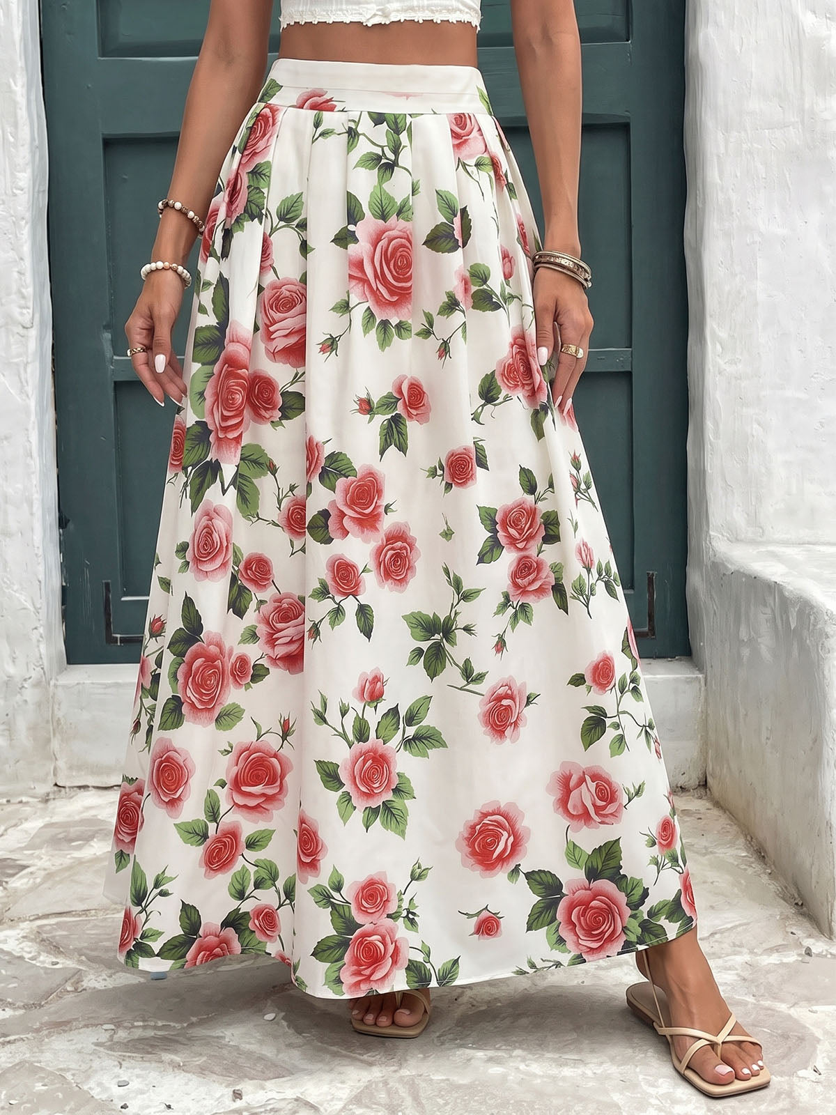 Romantic Rose Floral Print High Waist Resort Pleated Midi Skirt