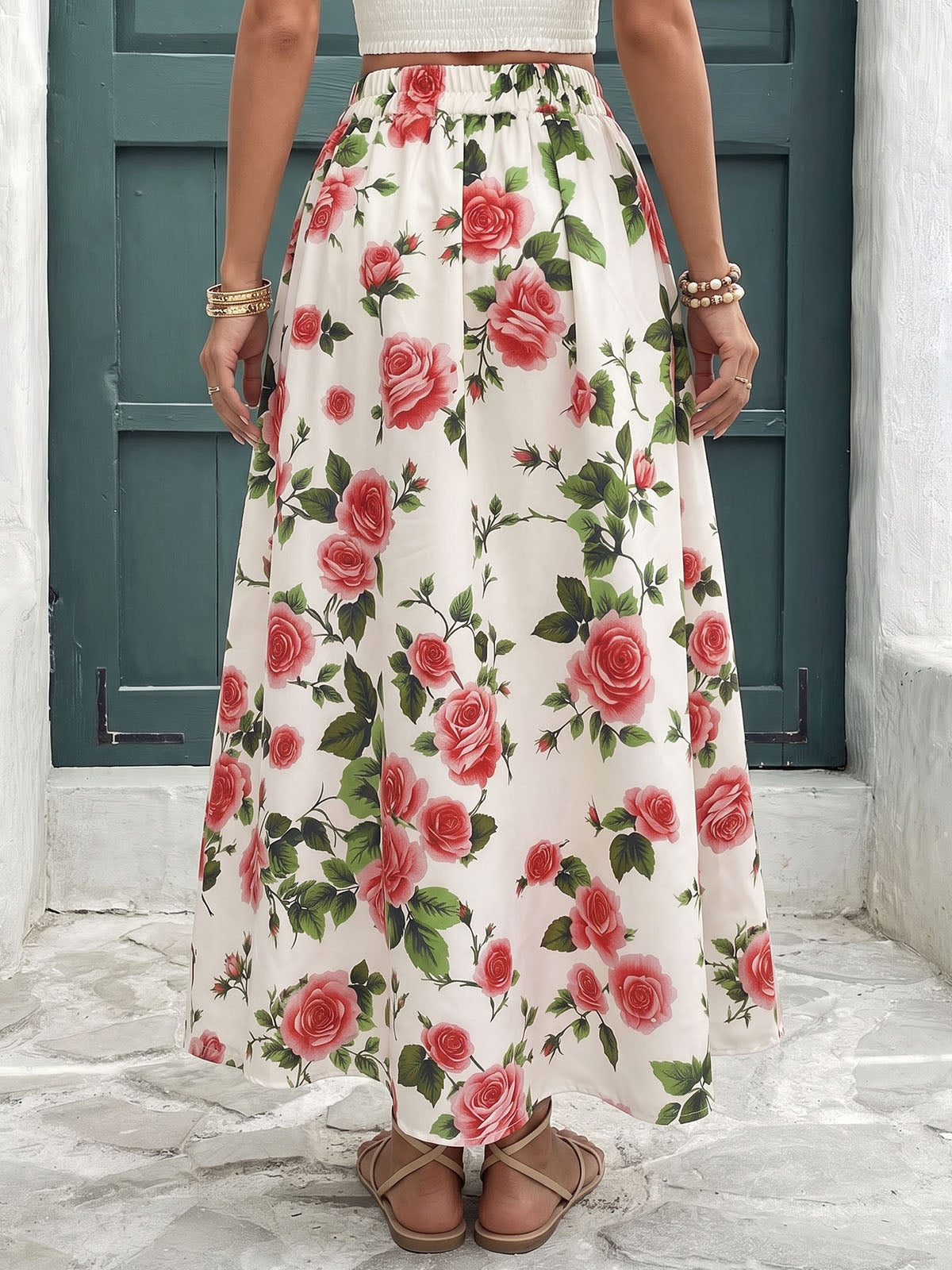 Romantic Rose Floral Print High Waist Resort Pleated Midi Skirt