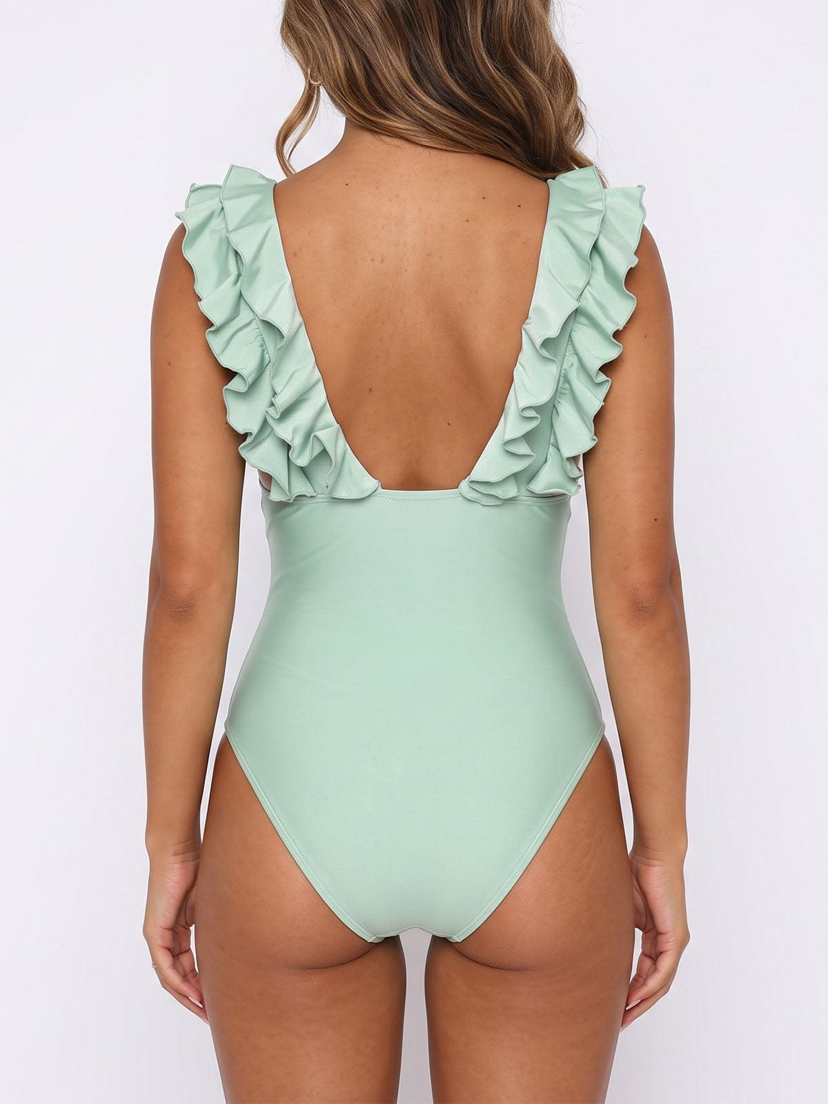 Romantic Tiered Ruffle Bow Deep V Neck One Piece Swimsuit