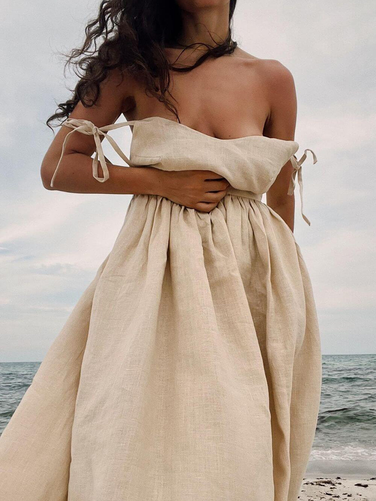 Sexy Backless V Neck Tie Shoulder Resort Linen Slip Maxi Dress