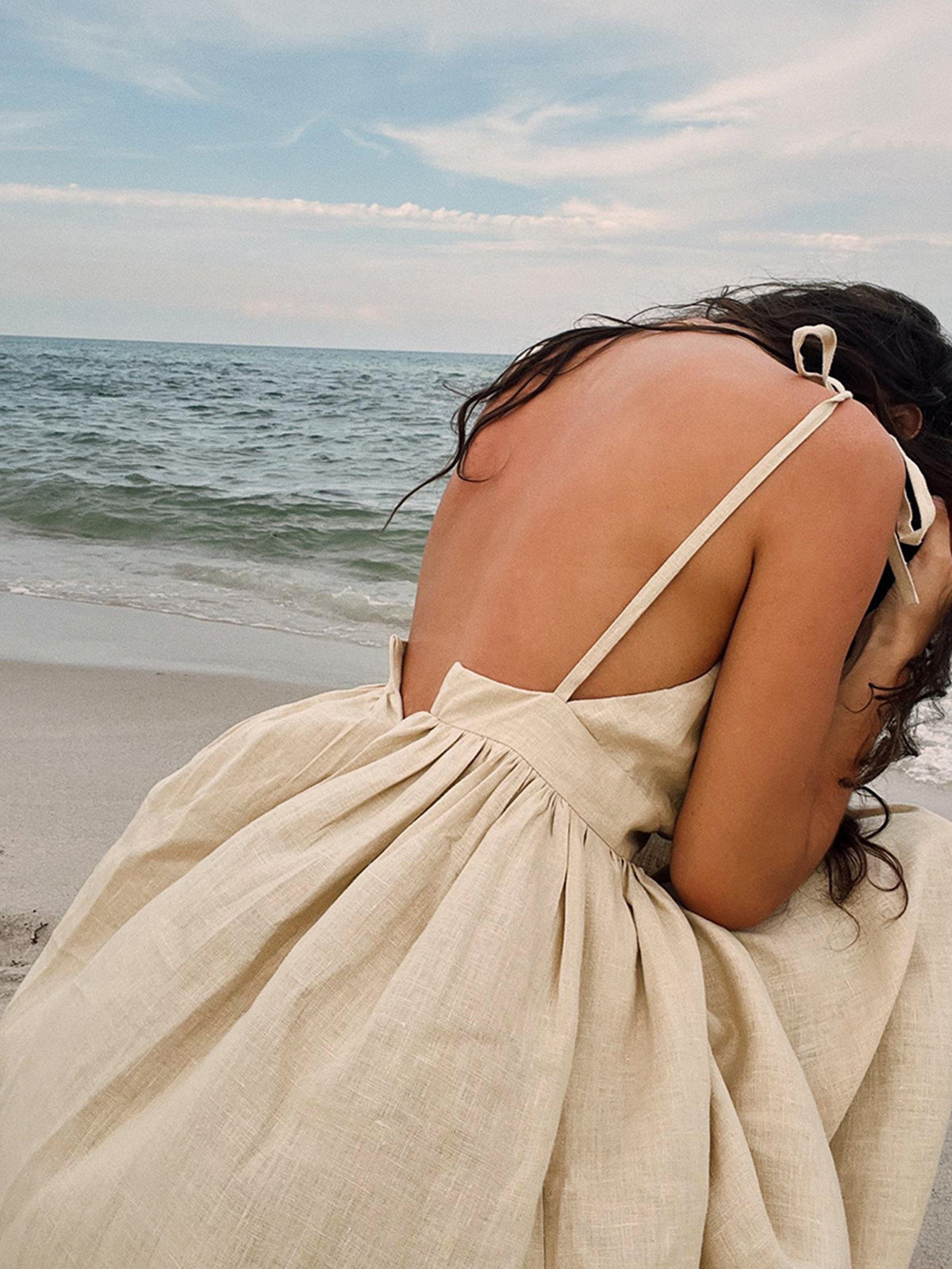 Sexy Backless V Neck Tie Shoulder Resort Linen Slip Maxi Dress