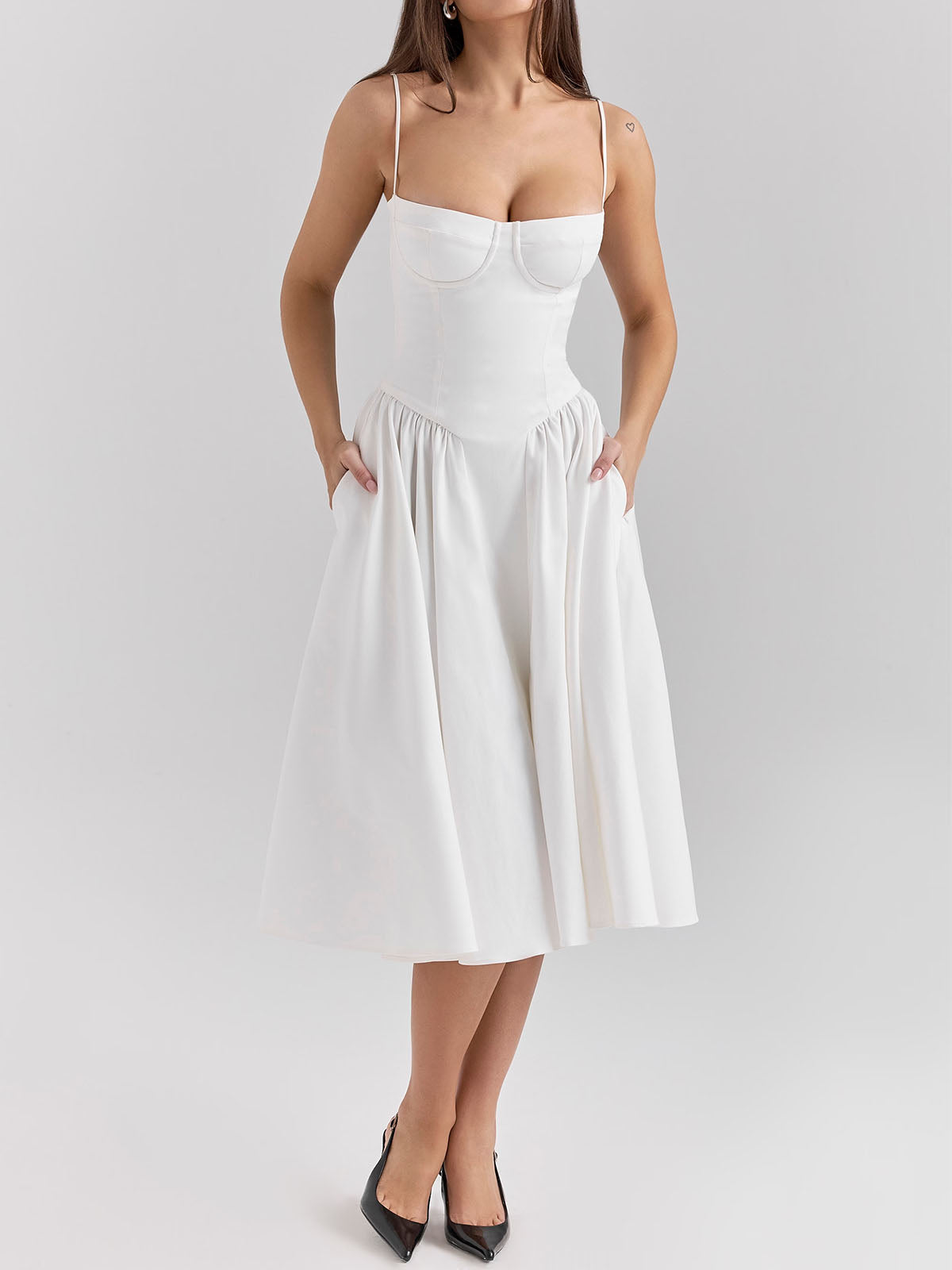 Sexy Bustier Corset Drop Waist Fit and Flare Resort Slip Midi Dress