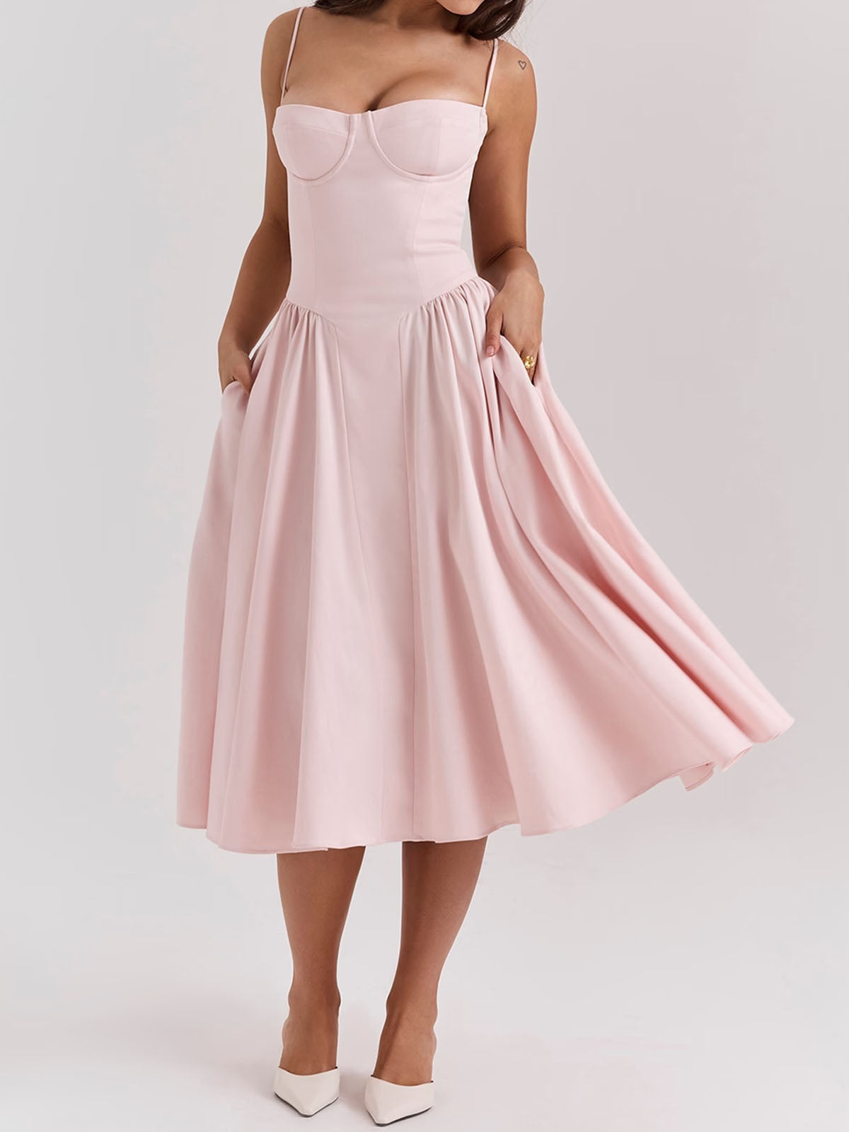Sexy Bustier Corset Drop Waist Fit and Flare Resort Slip Midi Dress