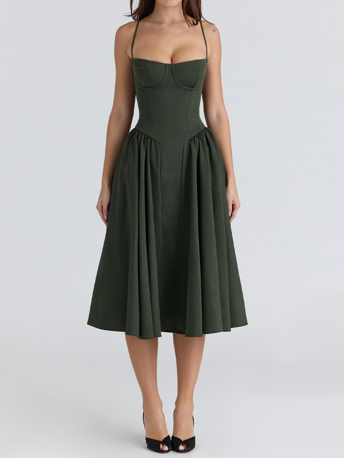 Sexy Bustier Corset Drop Waist Fit and Flare Resort Slip Midi Dress
