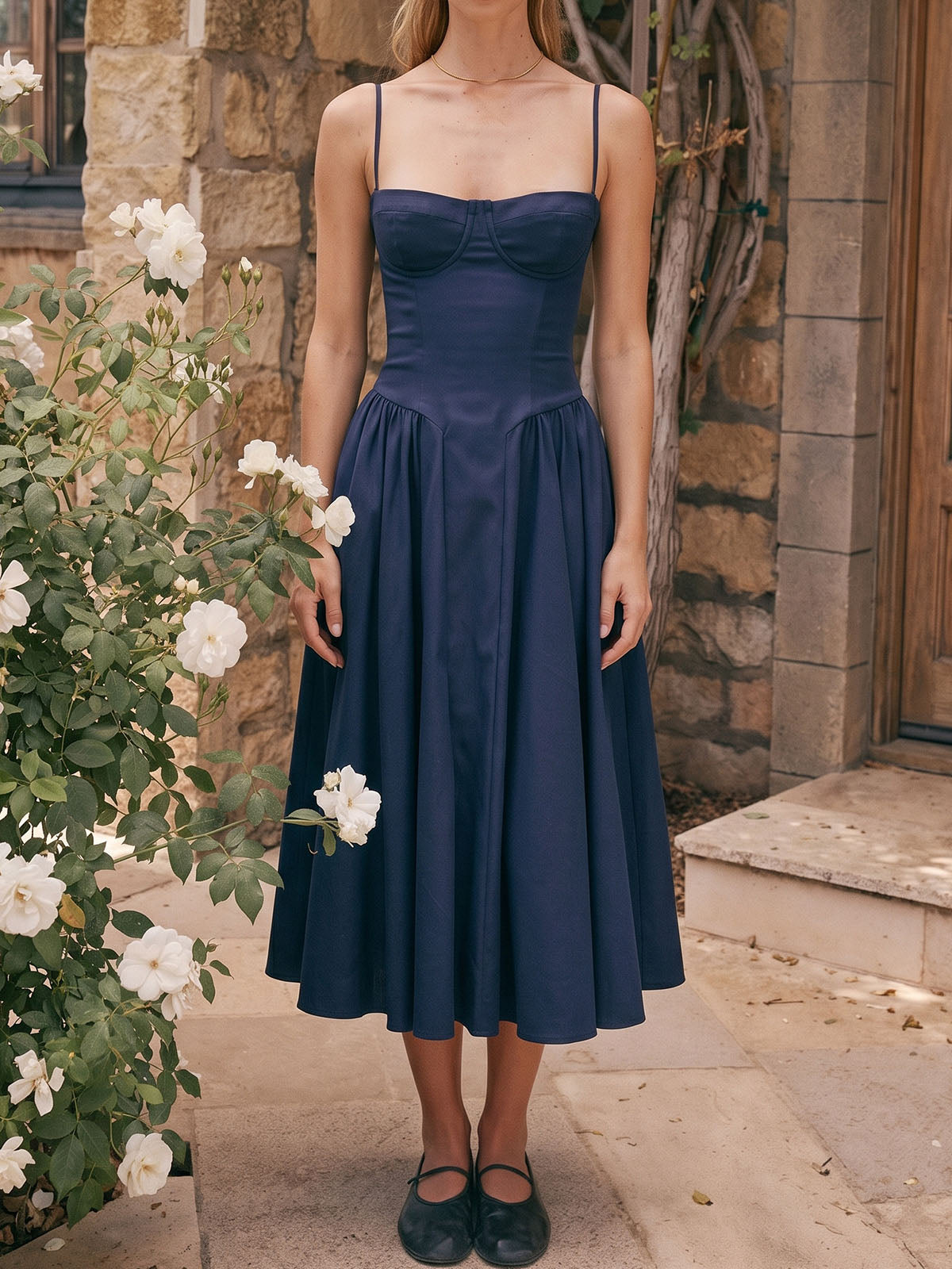 Sexy Bustier Corset Drop Waist Fit and Flare Resort Slip Midi Dress