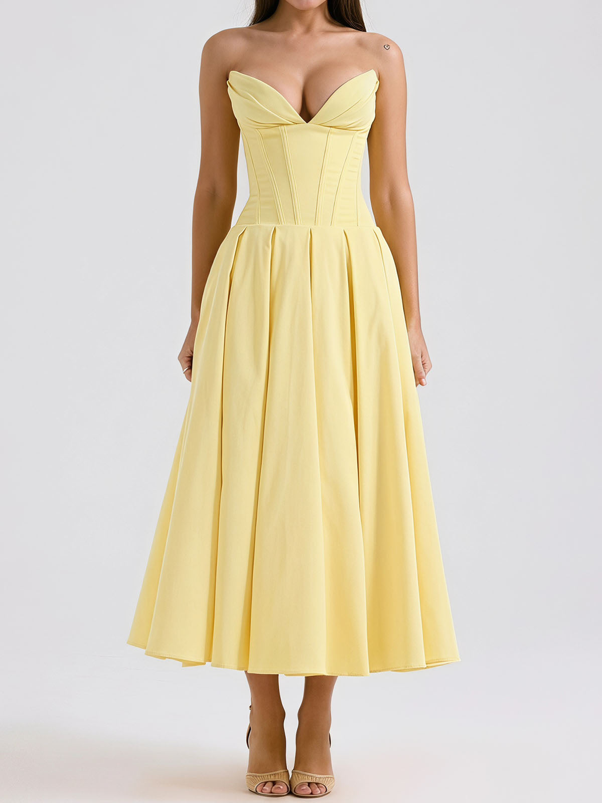 Sexy Bustier Strapless Corset Fit & Flare Resort Pleated Midi Dress