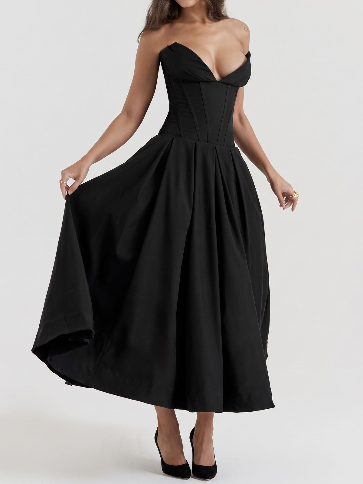 Sexy Bustier Strapless Corset Fit & Flare Resort Pleated Midi Dress