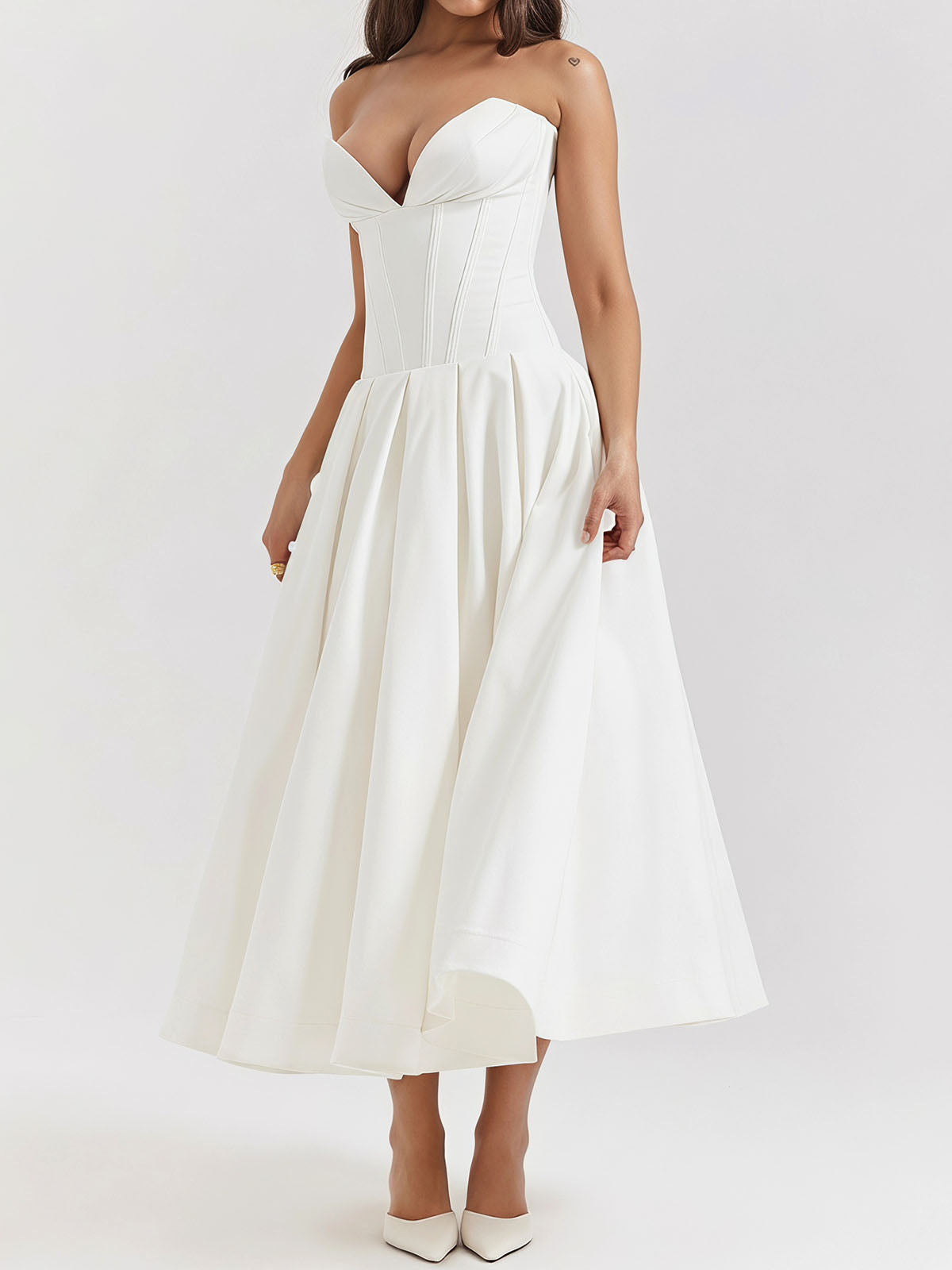 Sexy Bustier Strapless Corset Fit & Flare Resort Pleated Midi Dress