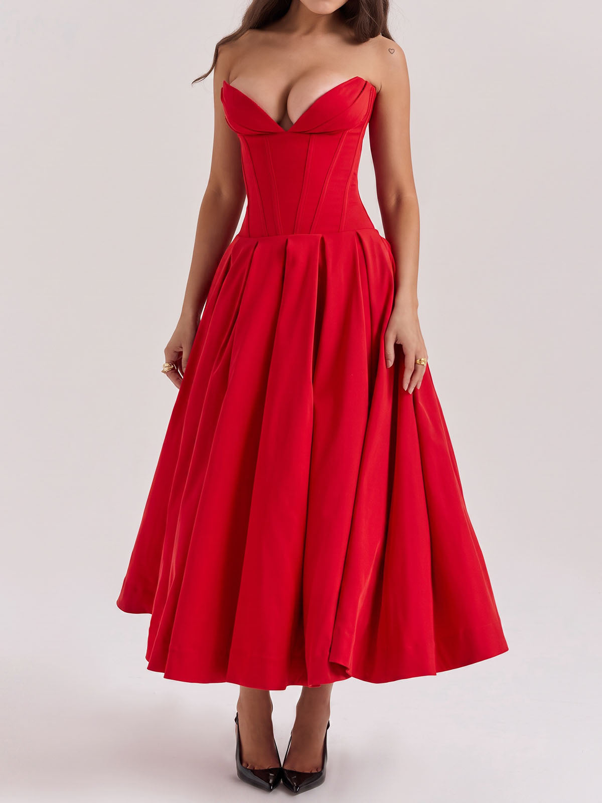 Sexy Bustier Strapless Corset Fit & Flare Resort Pleated Midi Dress