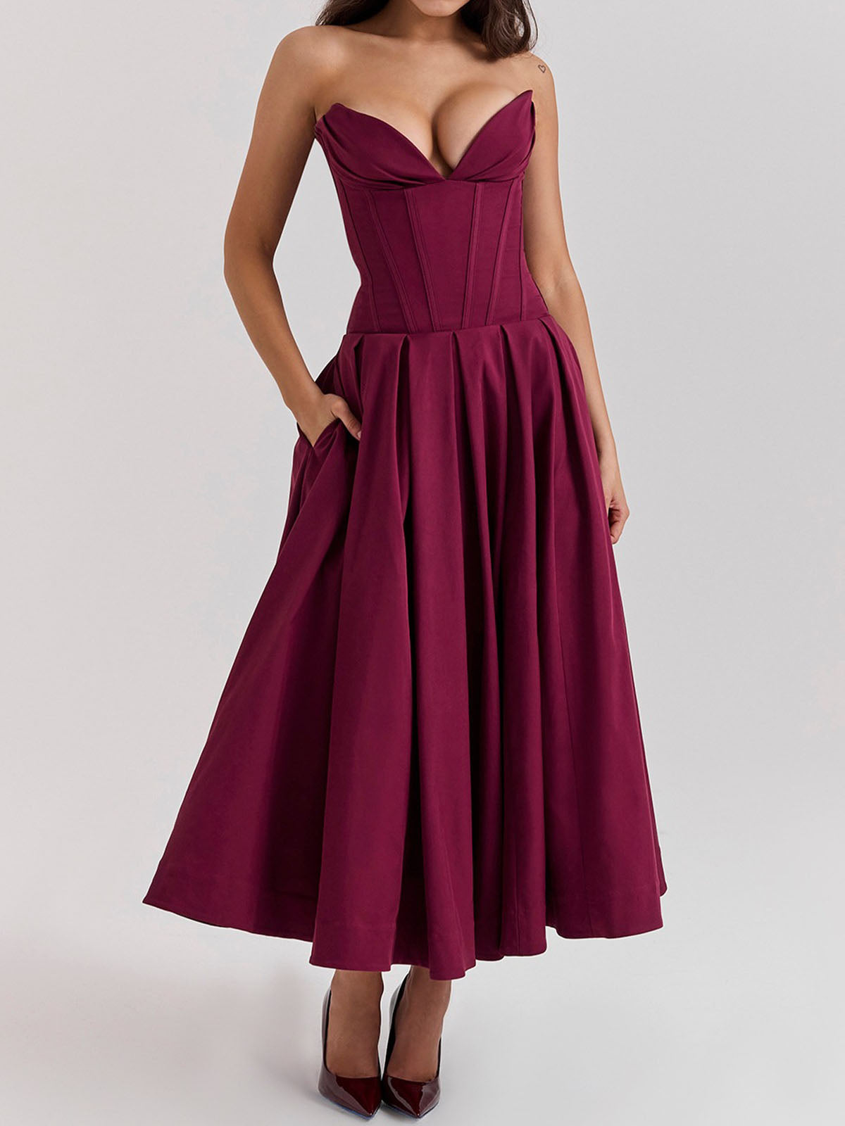 Sexy Bustier Strapless Corset Fit & Flare Resort Pleated Midi Dress