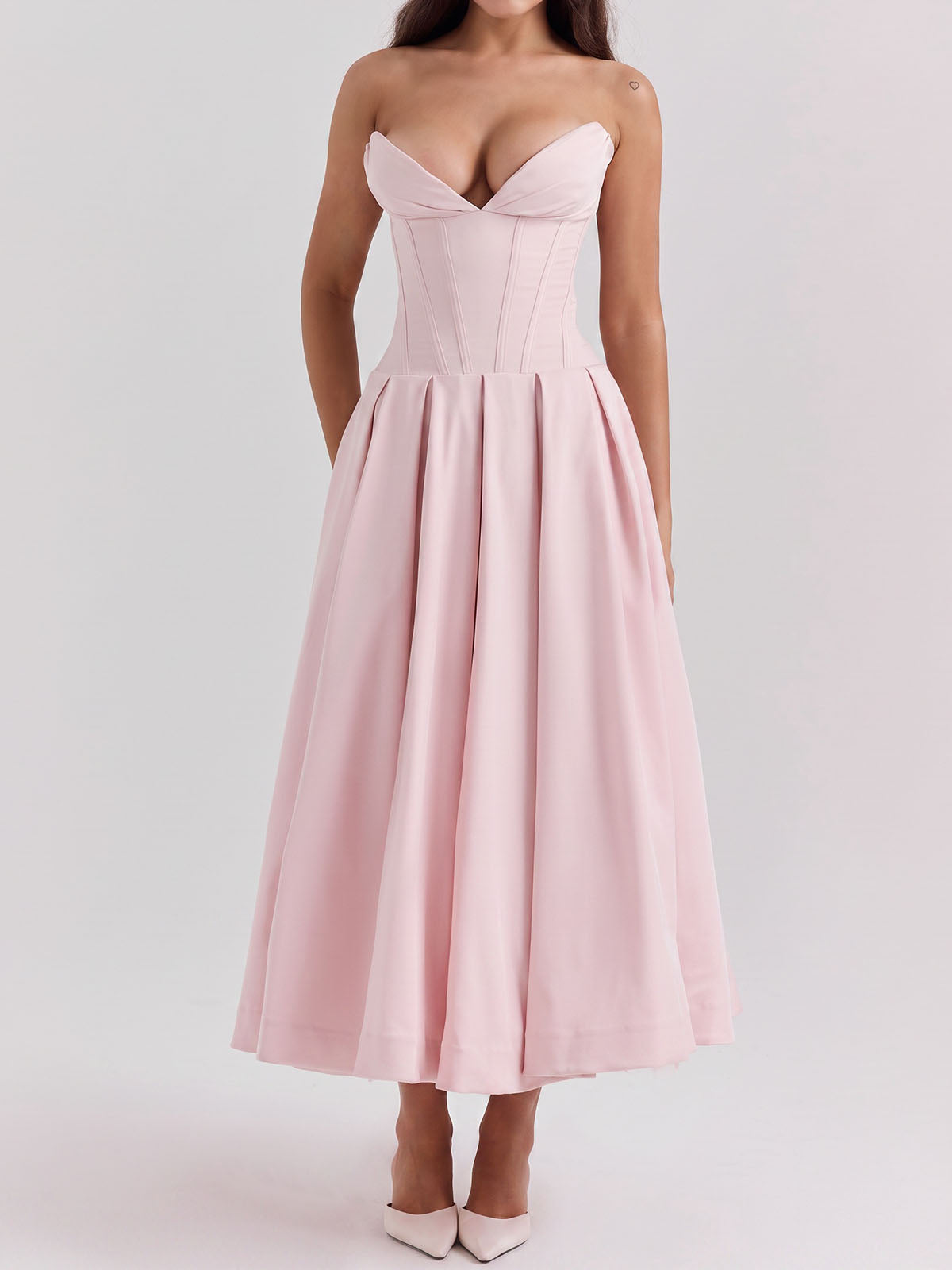 Sexy Bustier Strapless Corset Fit & Flare Resort Pleated Midi Dress