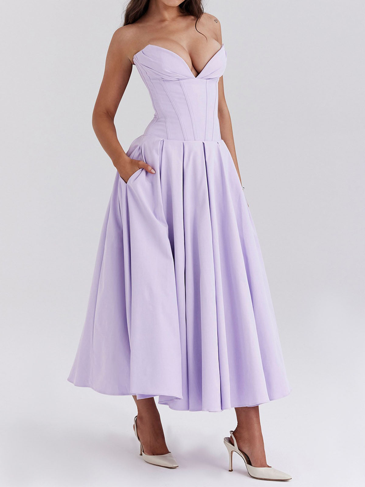 Sexy Bustier Strapless Corset Fit & Flare Resort Pleated Midi Dress