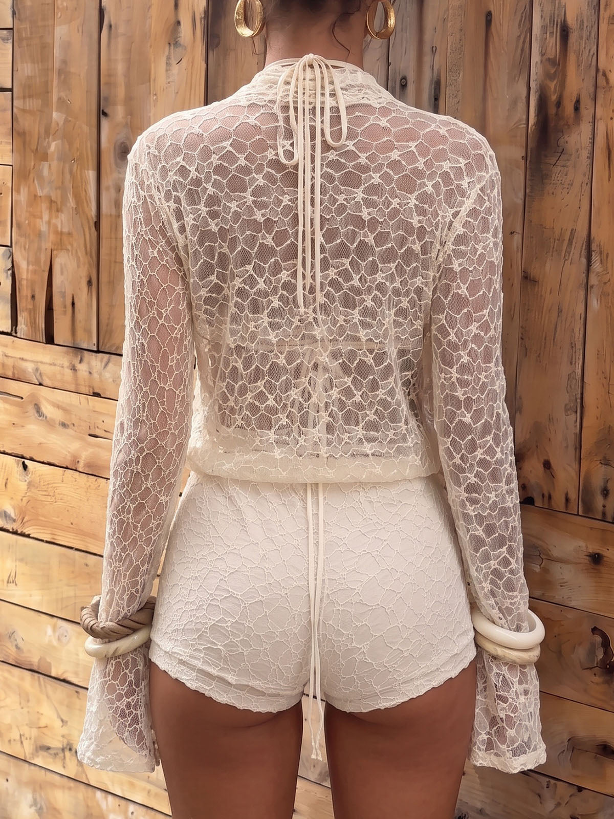 Sexy Cowl Neck Top Halter Bra High Rise Resort Three Piece Lace Short Set