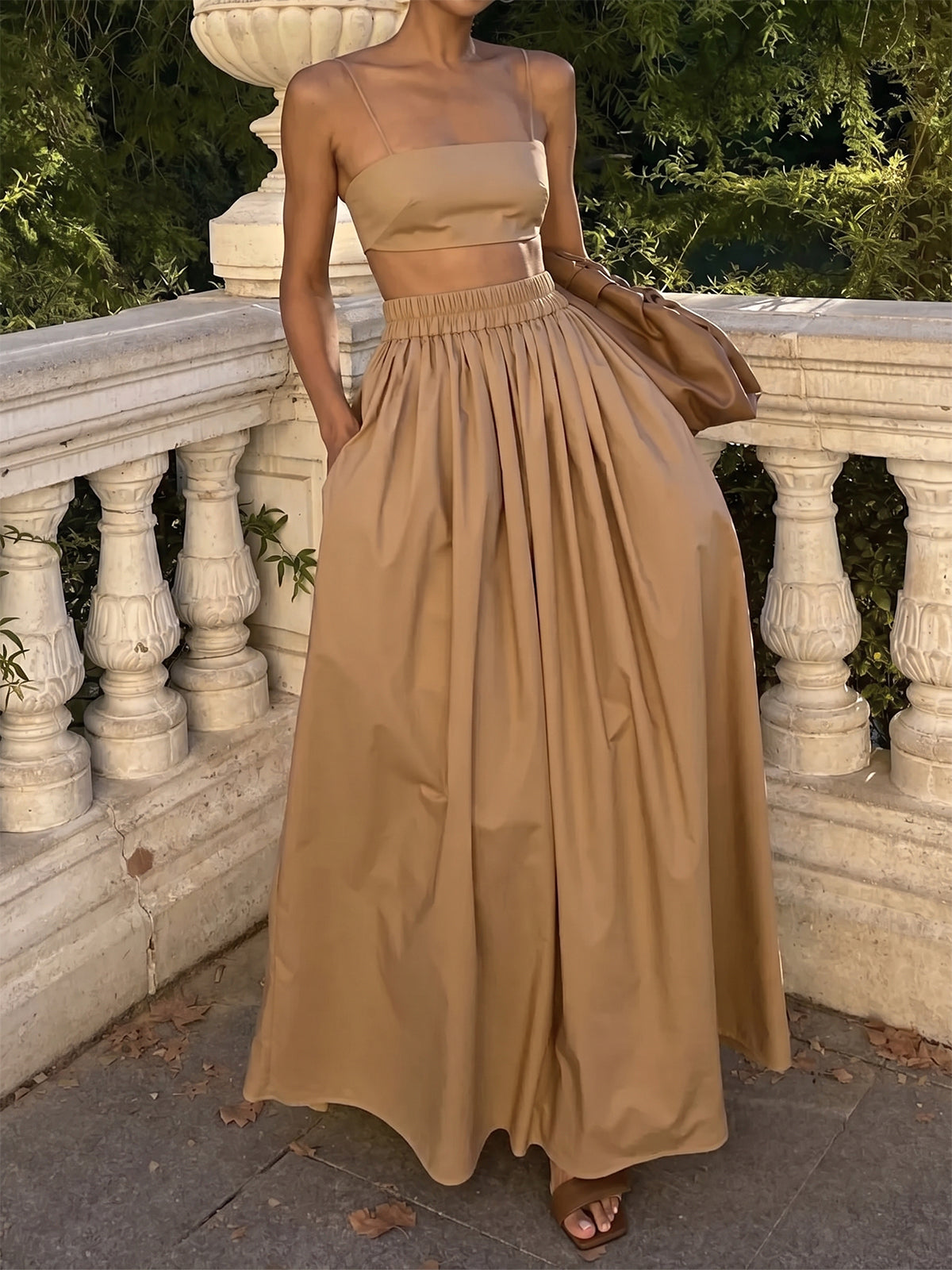 Sexy Crop Cami Top High Waist Pocket Trim Resort Two Piece Skirt Set