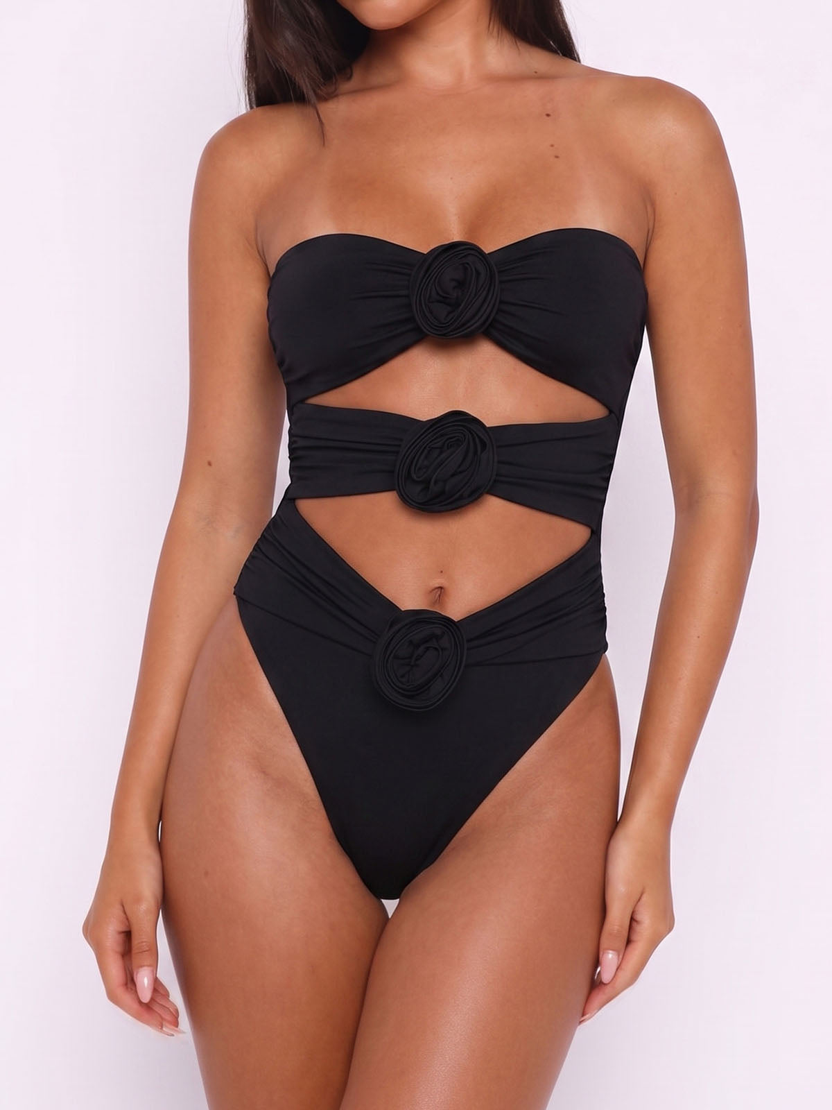 Sexy Flower Bandeau High Leg Ruched Cutout One Piece Swimsuit
