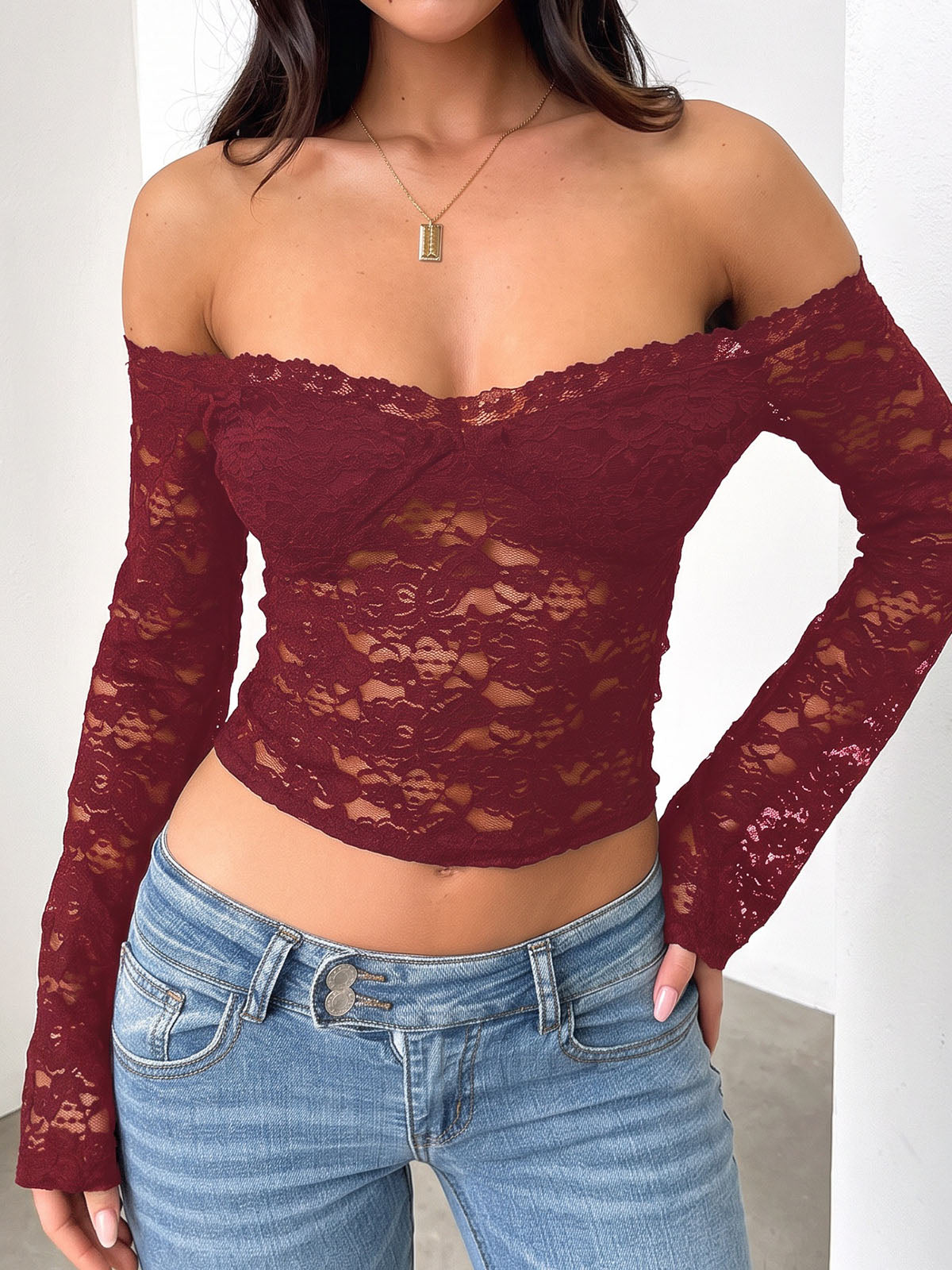 Sexy Off Shoulder Bandeau Layer Long Sleeve Resort Crop Lace Top