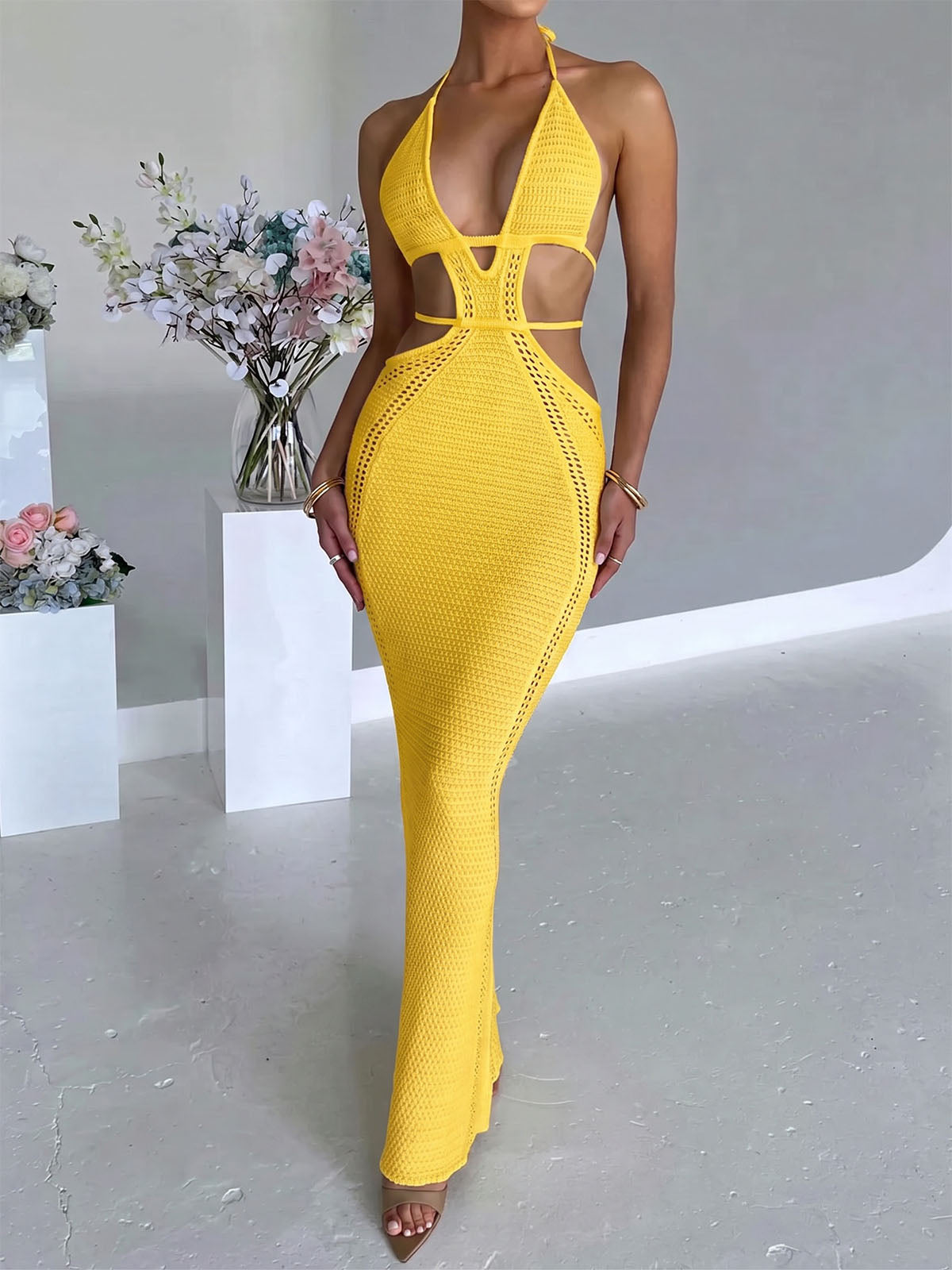 Sexy Plunge Halter Tie Backless Cutout Beach Crochet Knit Maxi Dress