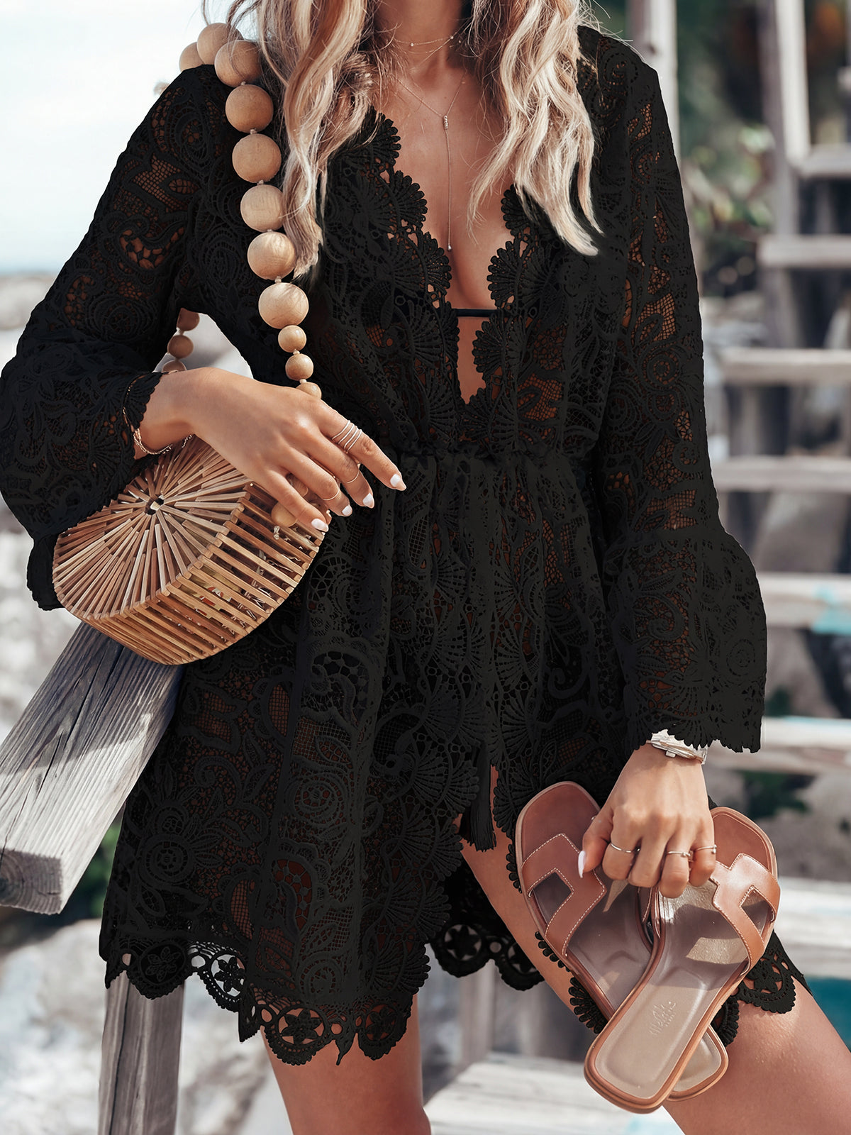 Sexy Scalloped Deep V 3/4 Sleeve Beach Floral Lace Cover Up Tunic