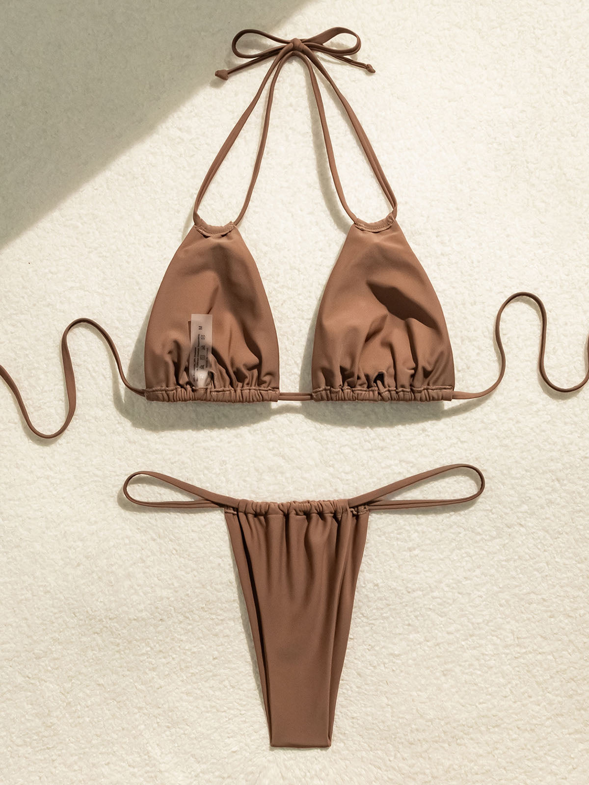 2 String Clothes Sexy String Ruched Cheeky Double Strap Halter Two Piece Bikini Set ...