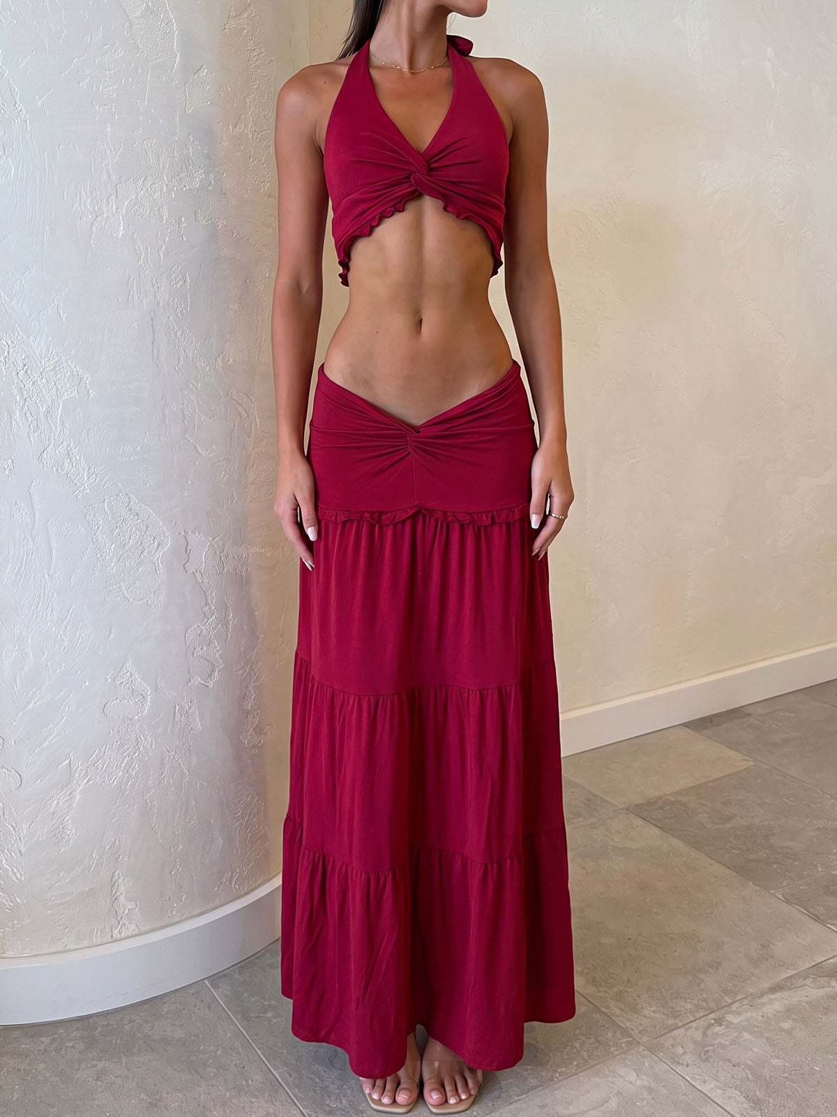 Sexy Twist Halter Top Drop Waist Resort Two Piece Tiered Maxi Skirt Set