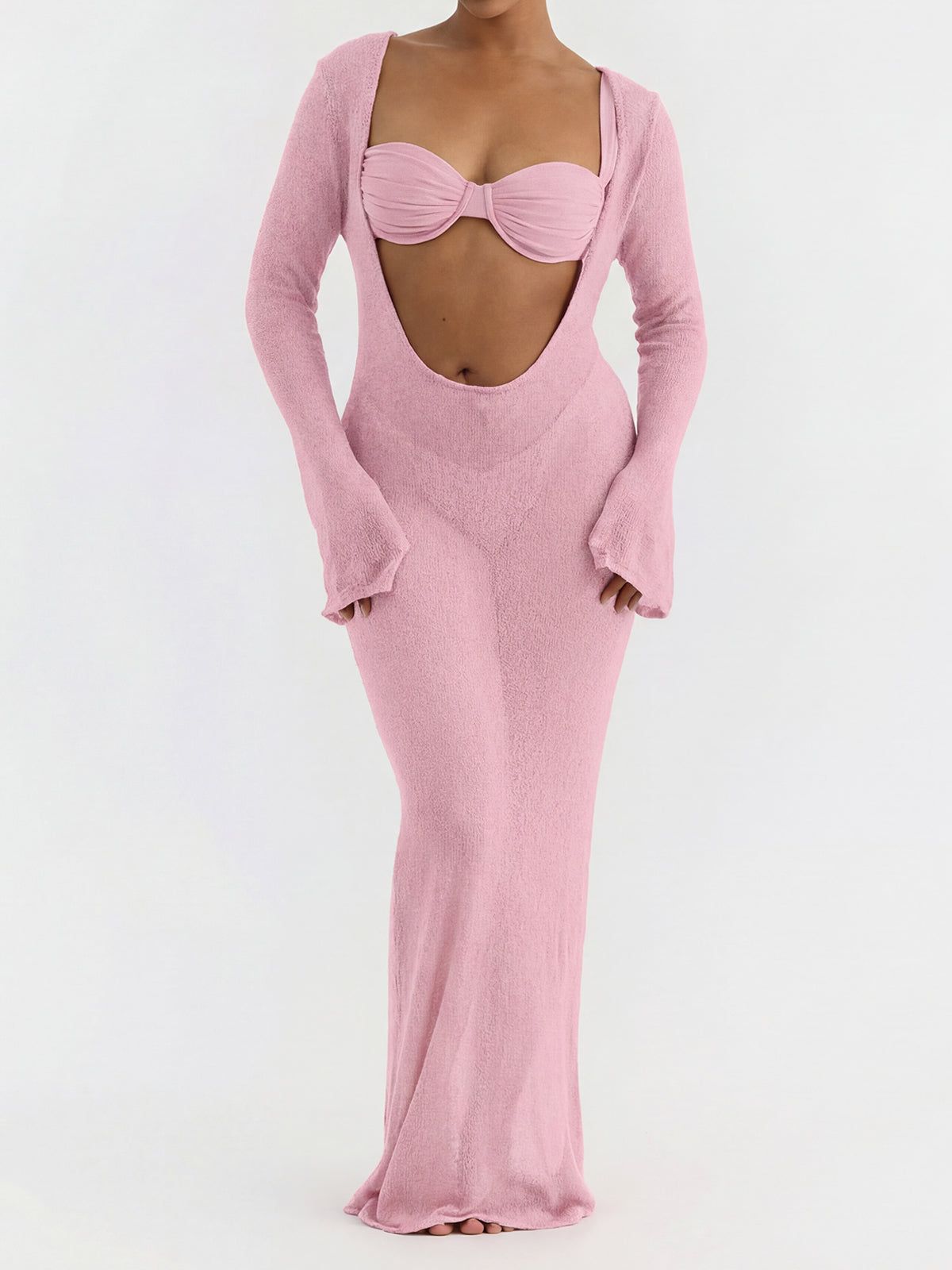 Sheer Knit Cover Up High Cut Ruched Underwire Three Piece Bikini Set