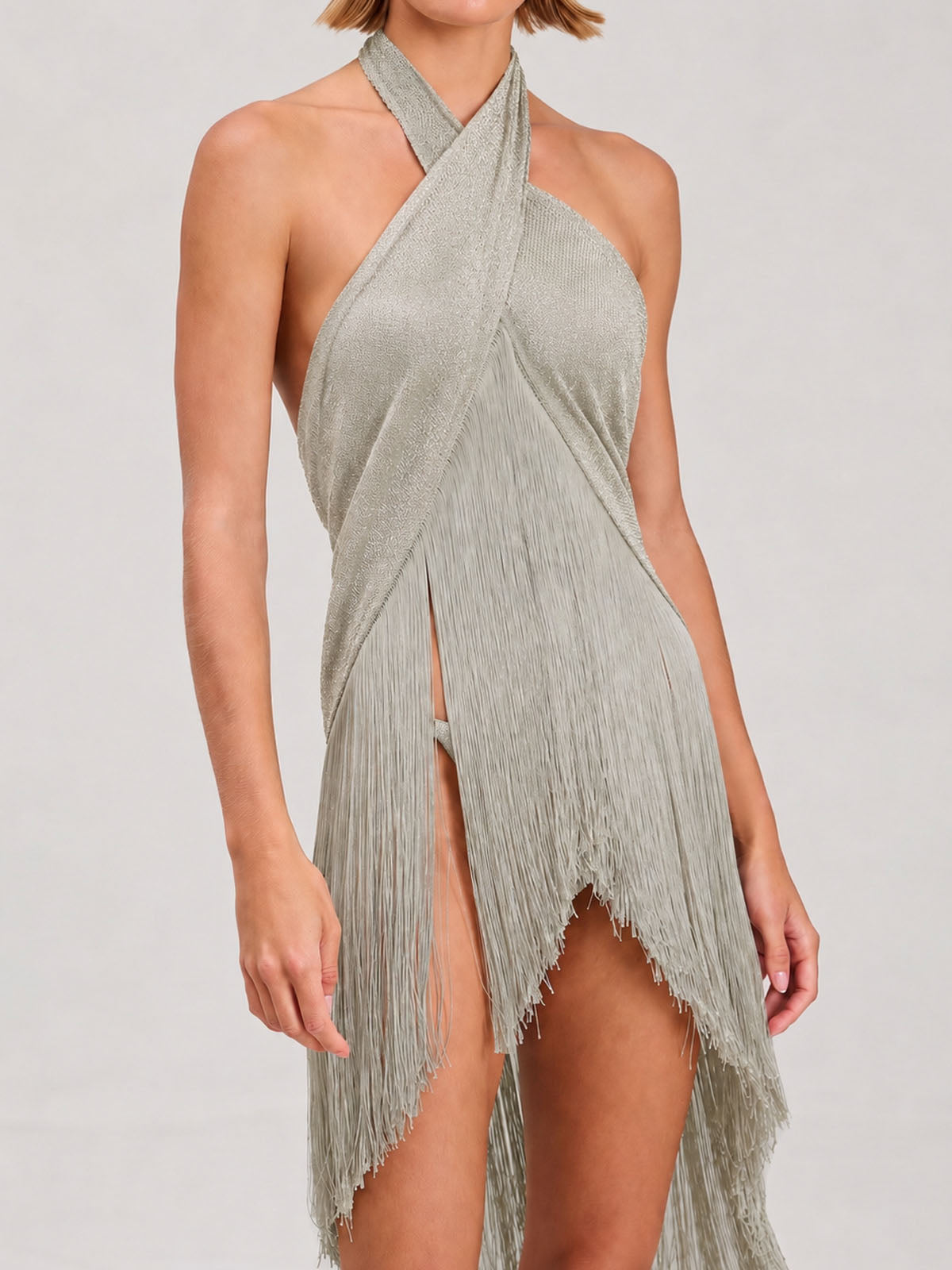 Sparkly Lurex Wrap Front Halter Tie Resort Asymmetrical Fringe Top