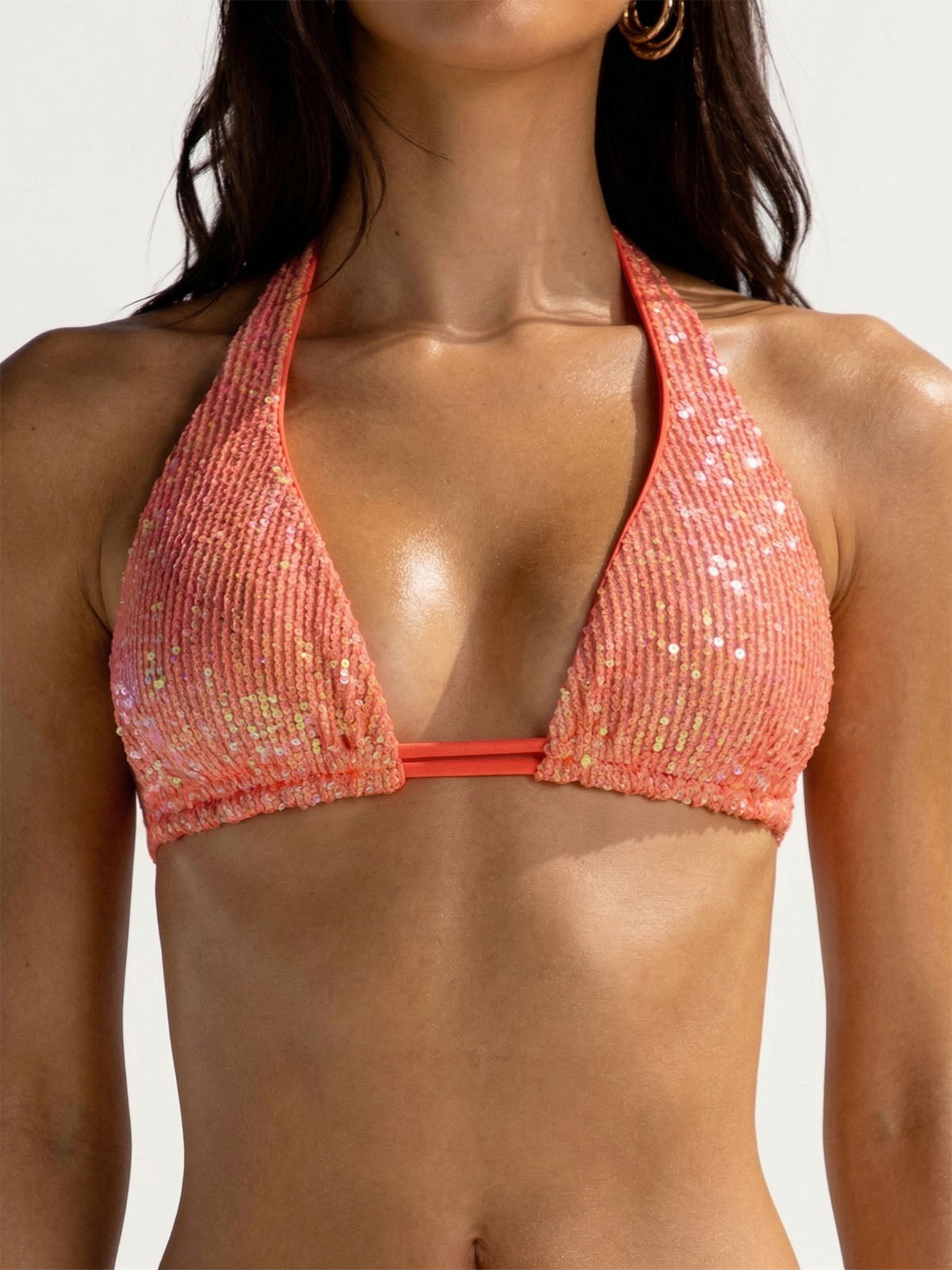Sparkly Sequin Embellished Sexy Deep V Halter Bikini Top