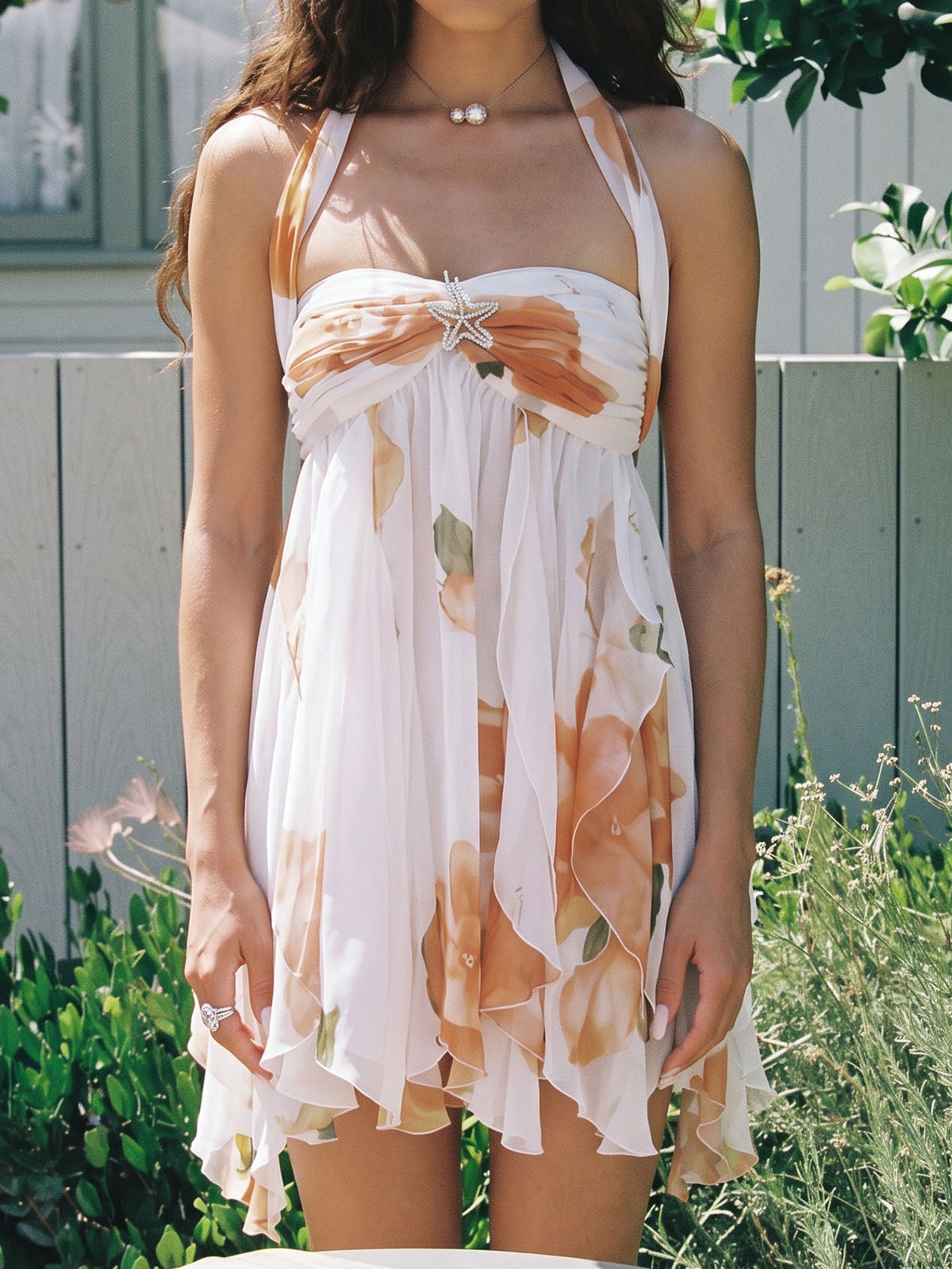 Sparkly Starfish Halter Resort Floral Print Ruffle Babydoll Mini Dress