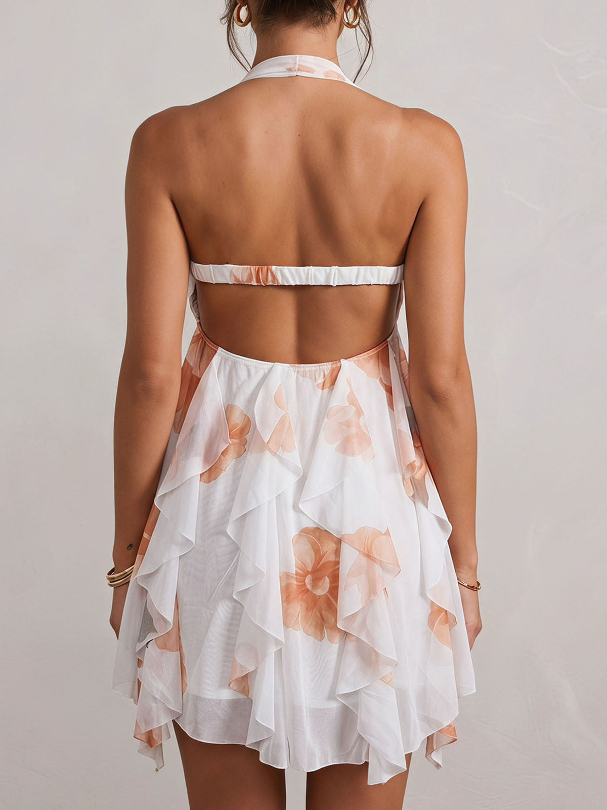 Sparkly Starfish Halter Resort Floral Print Ruffle Babydoll Mini Dress