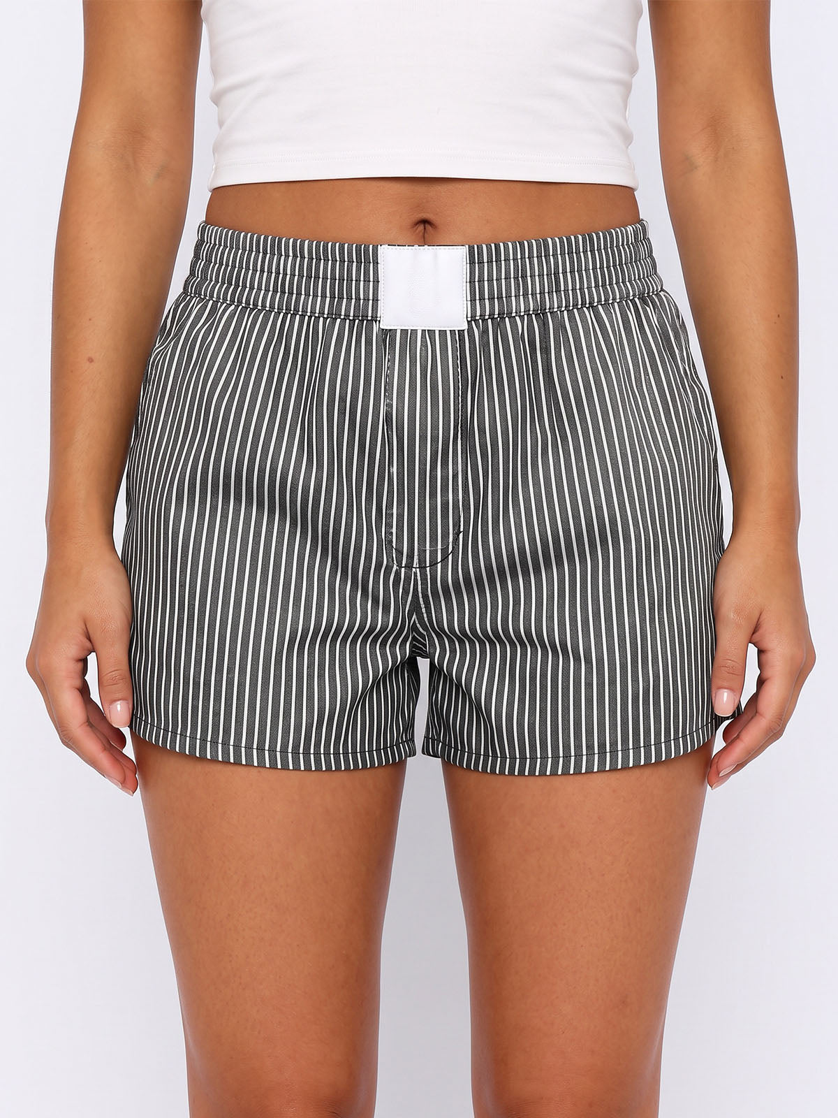 Summer High Waist Pocket Trim Pinstripe Print Resort Boxer Shorts