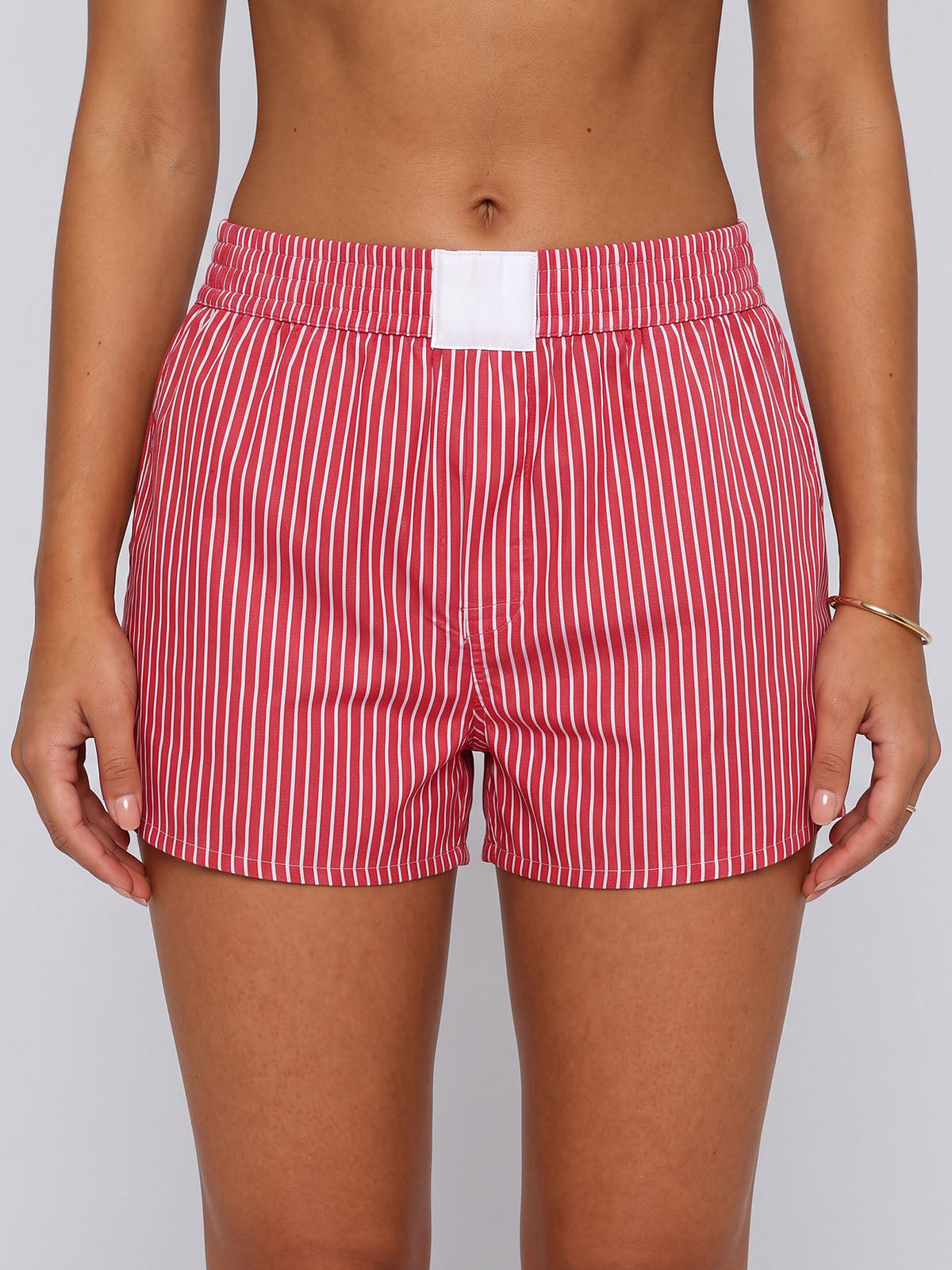 Summer High Waist Pocket Trim Pinstripe Print Resort Boxer Shorts