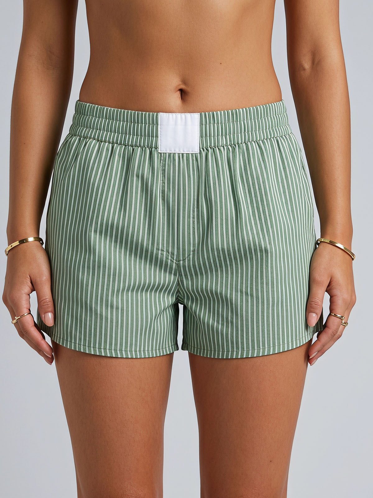 Summer High Waist Pocket Trim Pinstripe Print Resort Boxer Shorts