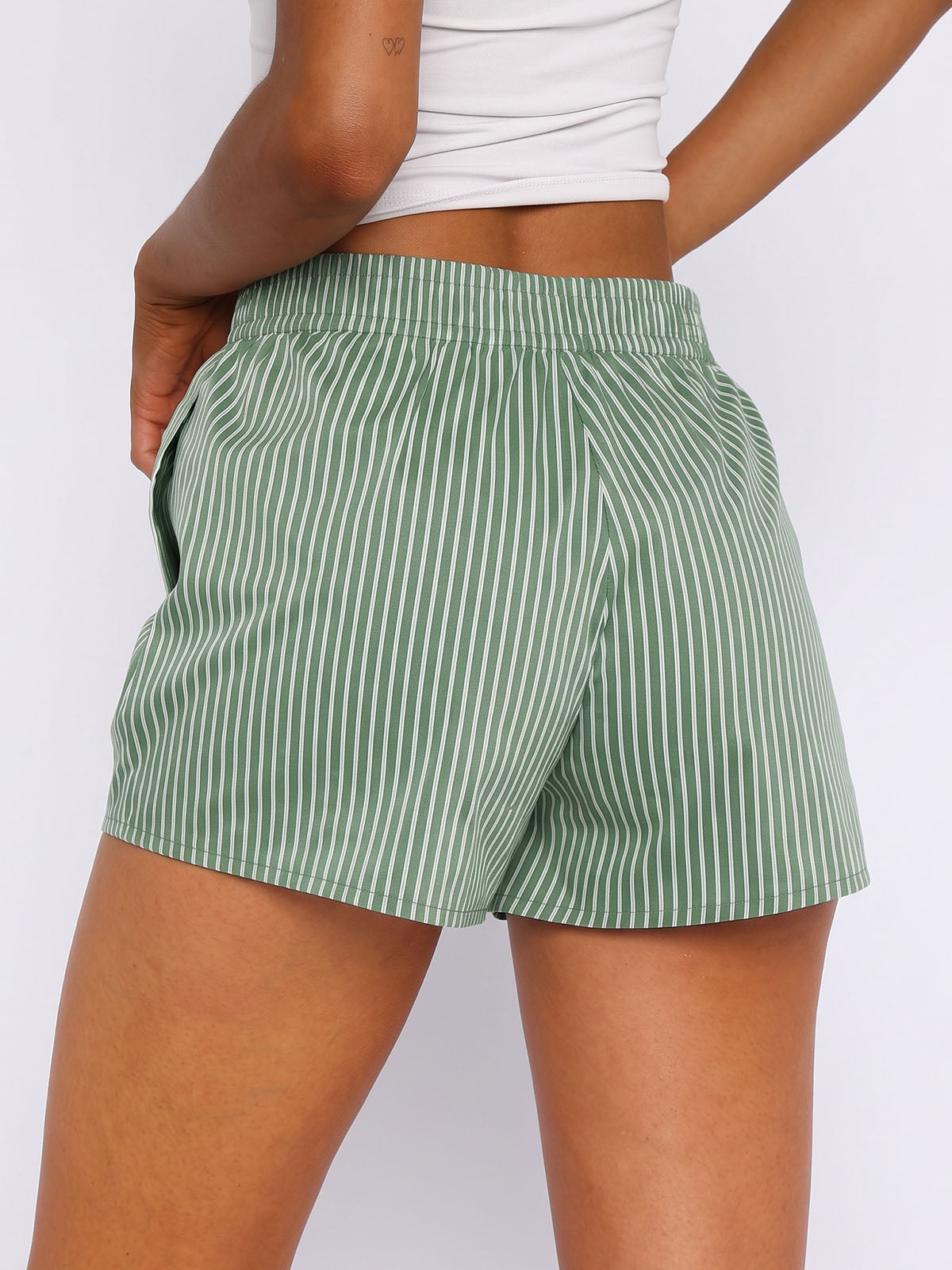 Summer High Waist Pocket Trim Pinstripe Print Resort Boxer Shorts